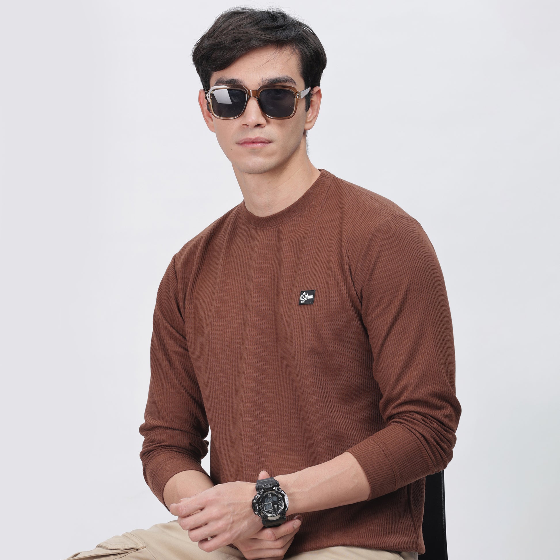 Men's Full Sleeve T-Shirt With Ribbed Cuffs & Collar (Brown)