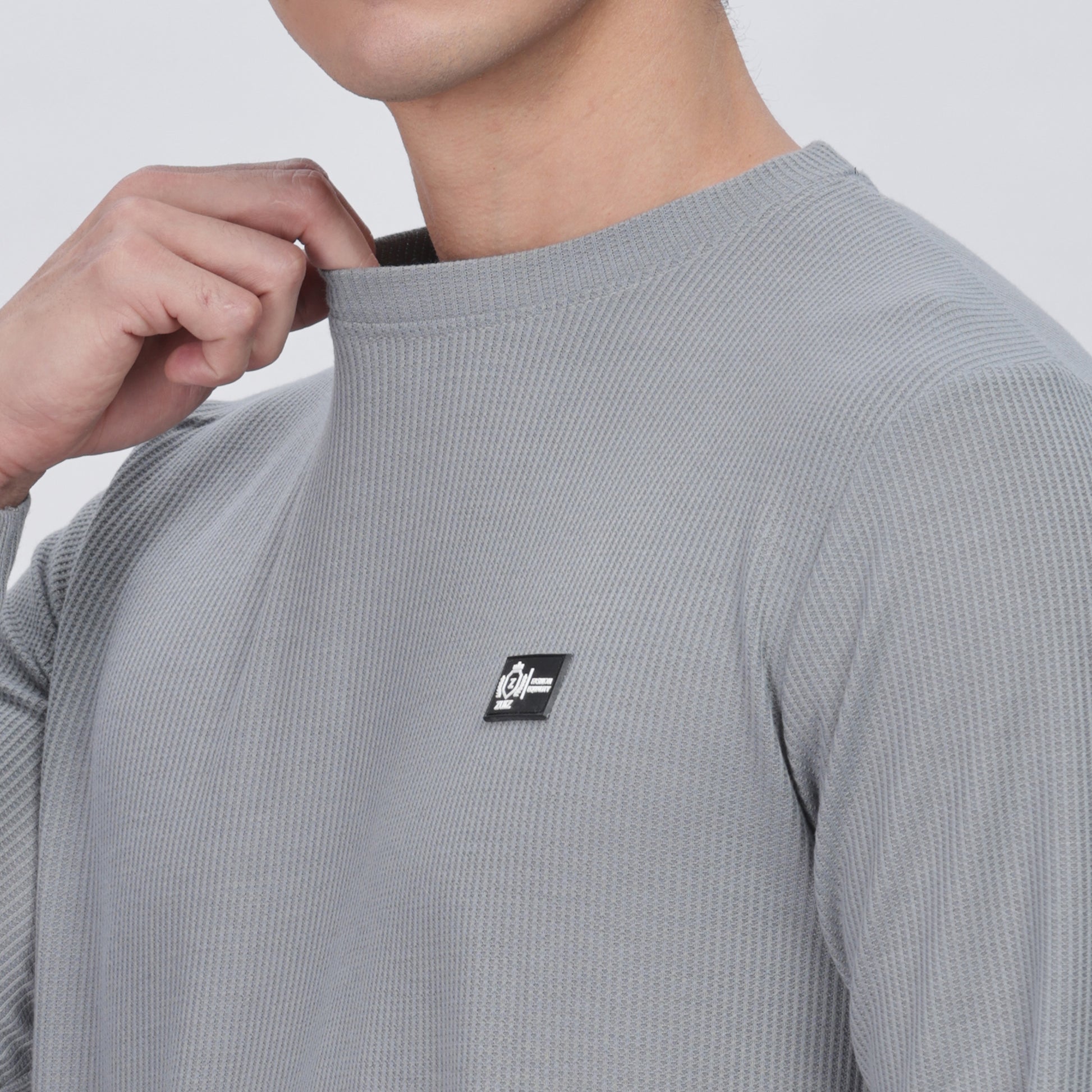 Men's Full Sleeve T-Shirt With Ribbed Cuffs & Collar (Light Grey)