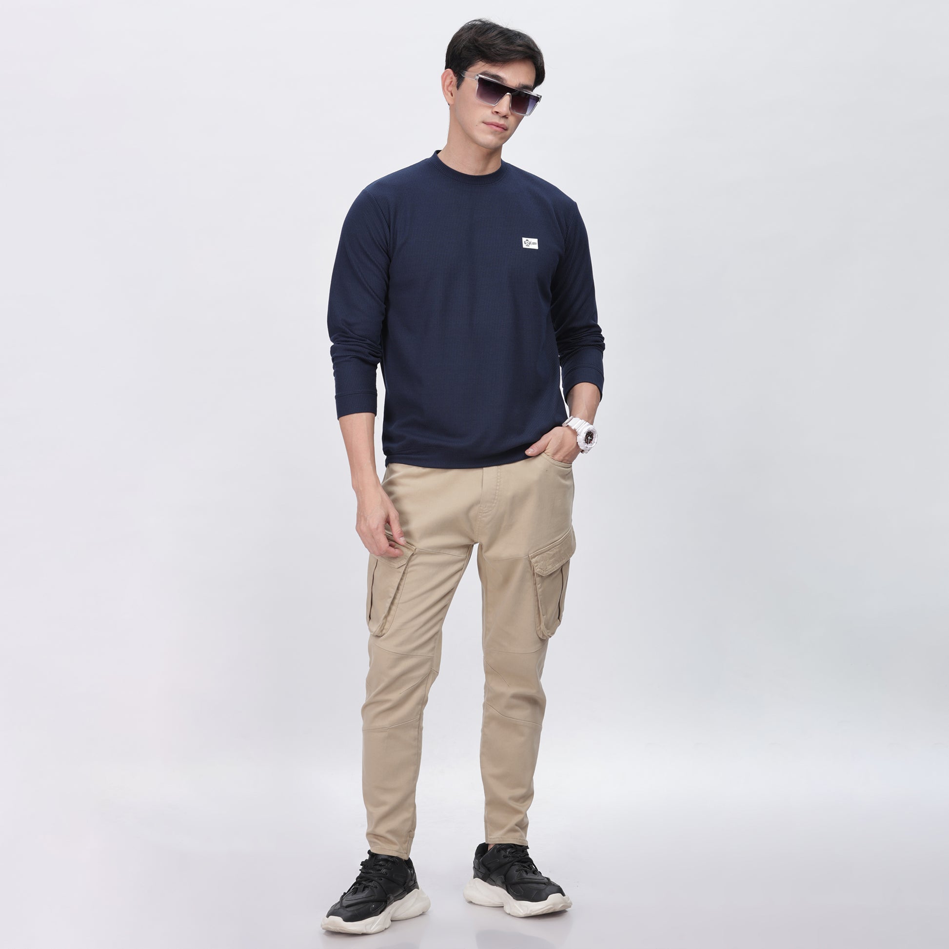 Men's Full Sleeve T-Shirt With Ribbed Cuffs & Collar (Blue)