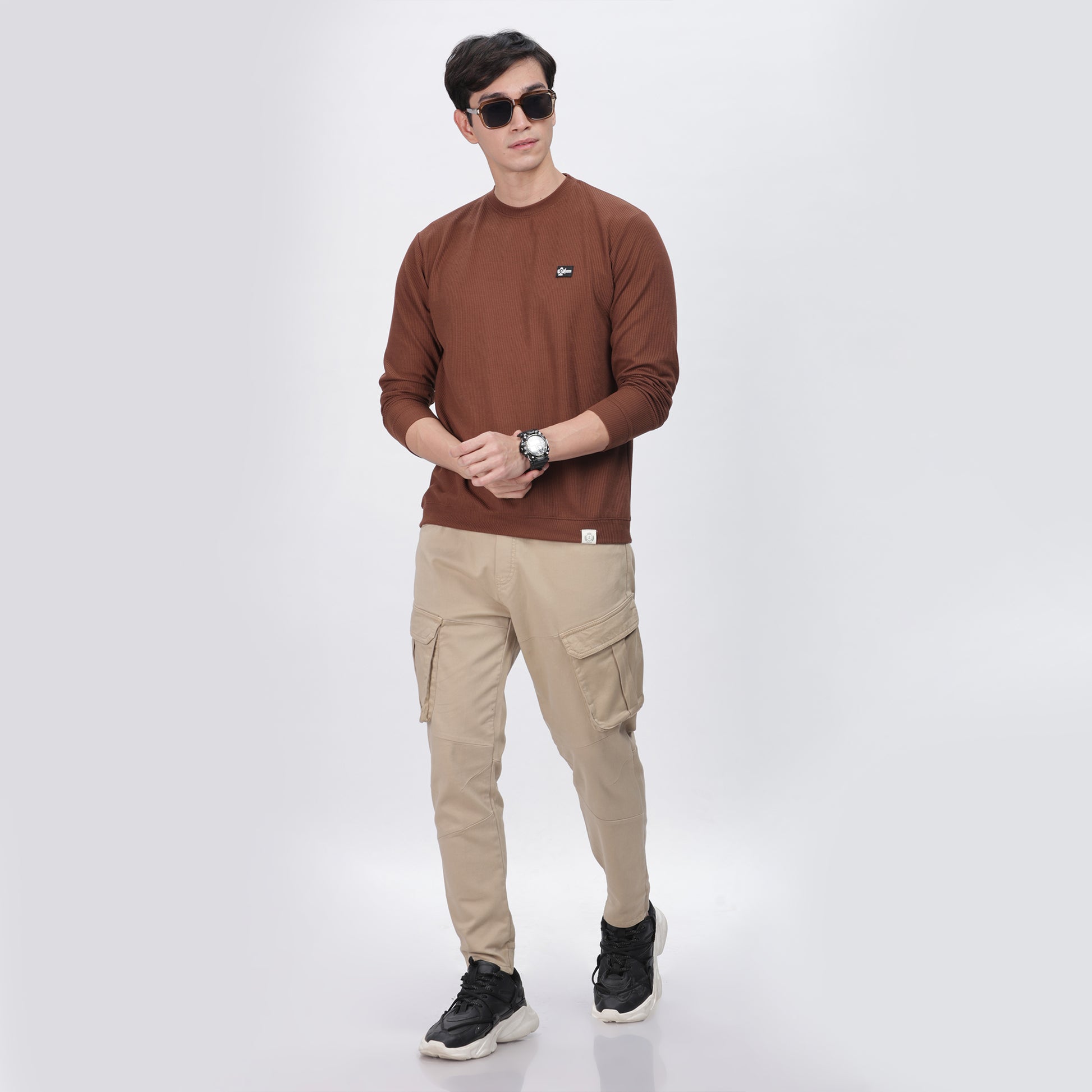 Men's Full Sleeve T-Shirt With Ribbed Cuffs & Collar (Brown)