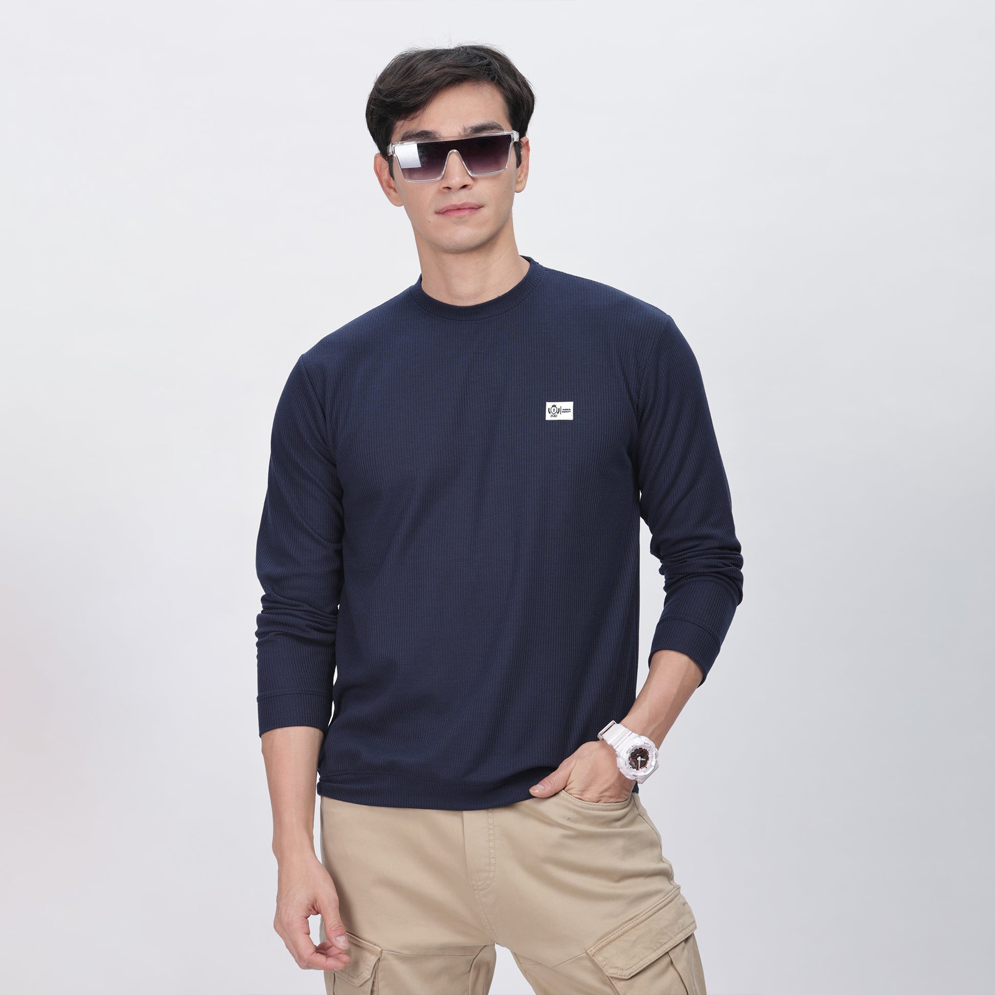 Men's Full Sleeve T-Shirt With Ribbed Cuffs & Collar (Blue)