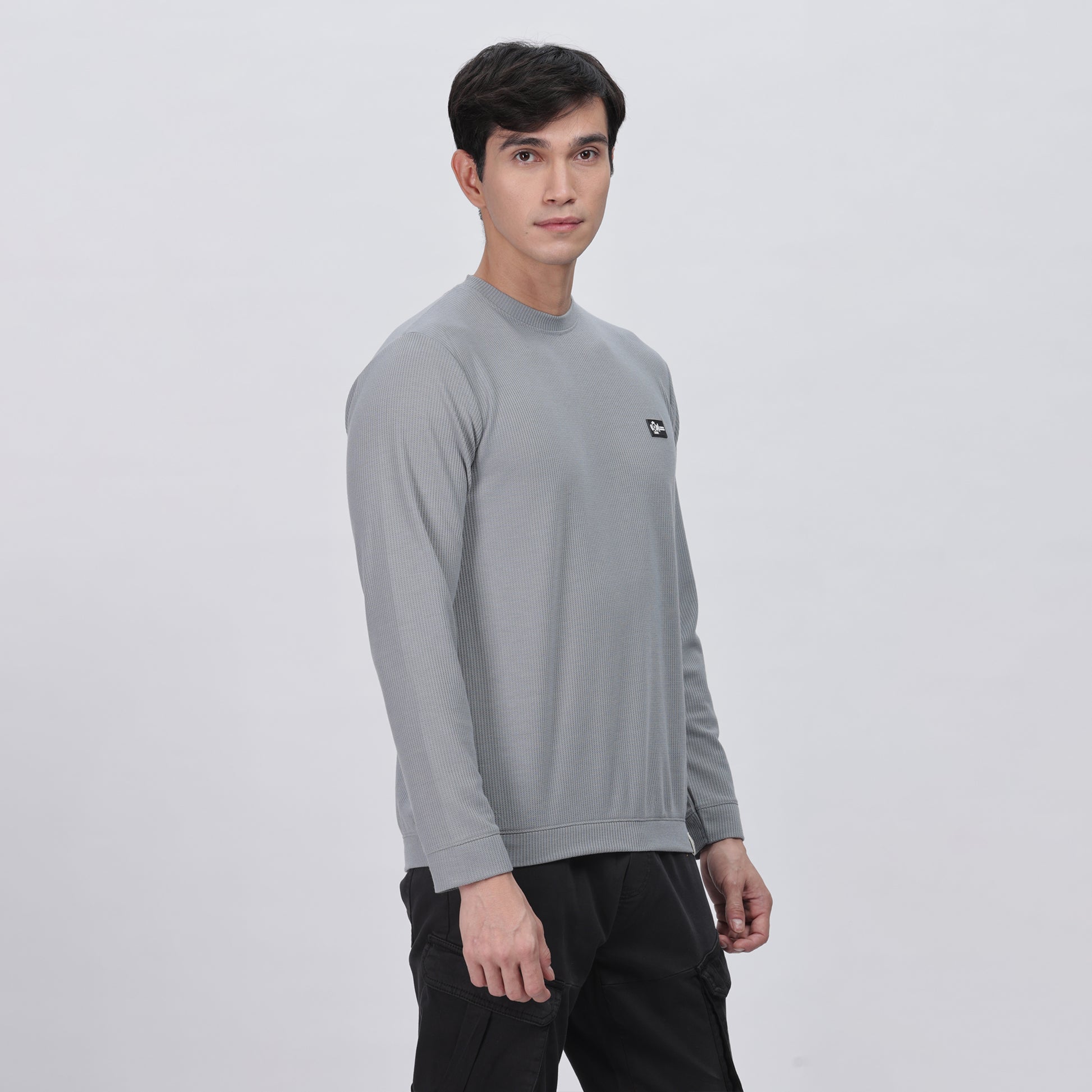 Men's Full Sleeve T-Shirt With Ribbed Cuffs & Collar (Light Grey)