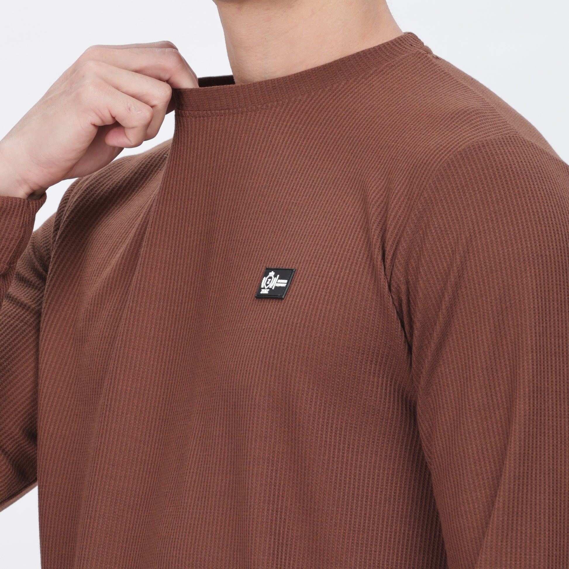 Men's Full Sleeve T-Shirt With Ribbed Cuffs & Collar (Brown)