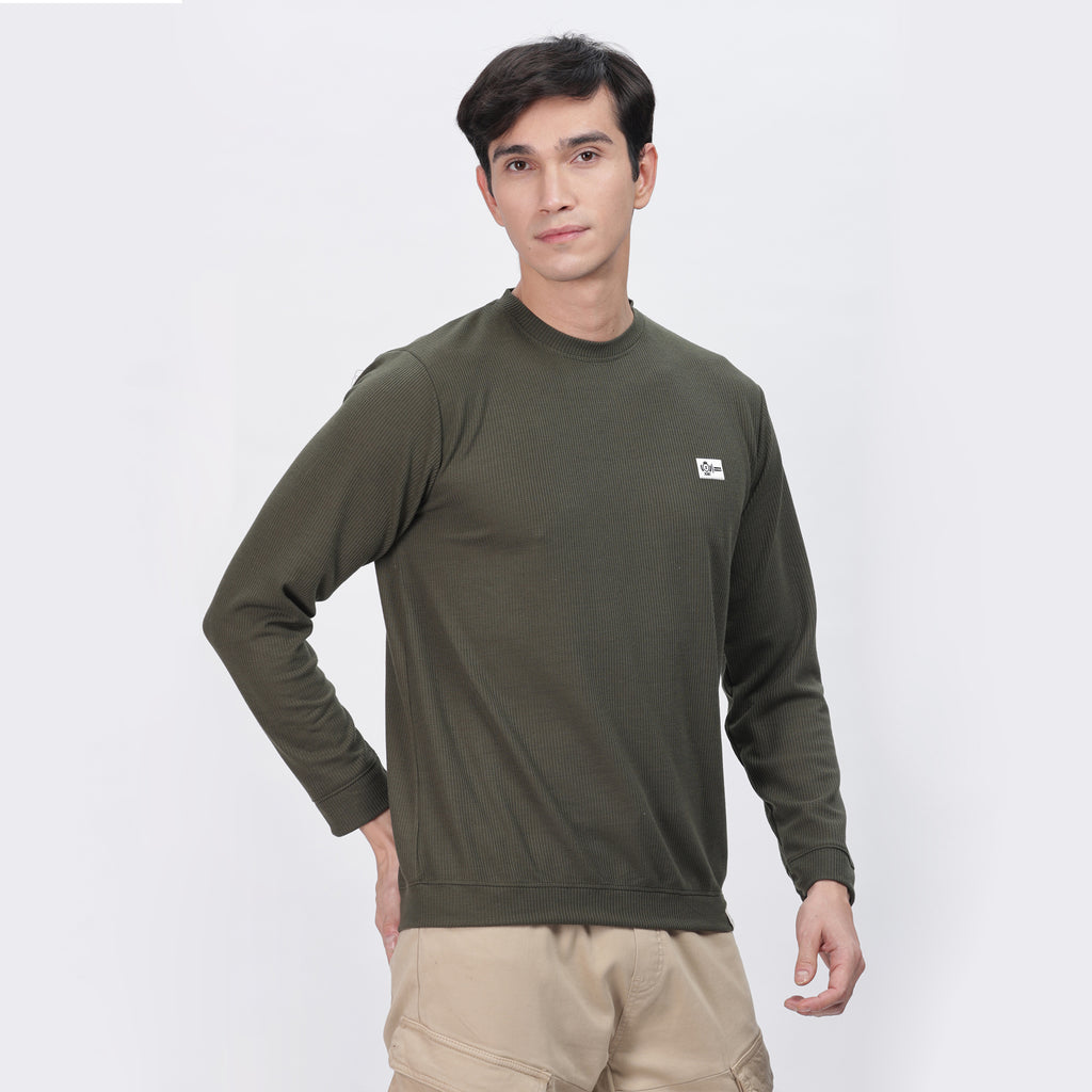 Men's Full Sleeve T-Shirt With Ribbed Cuffs & Collar (Green)
