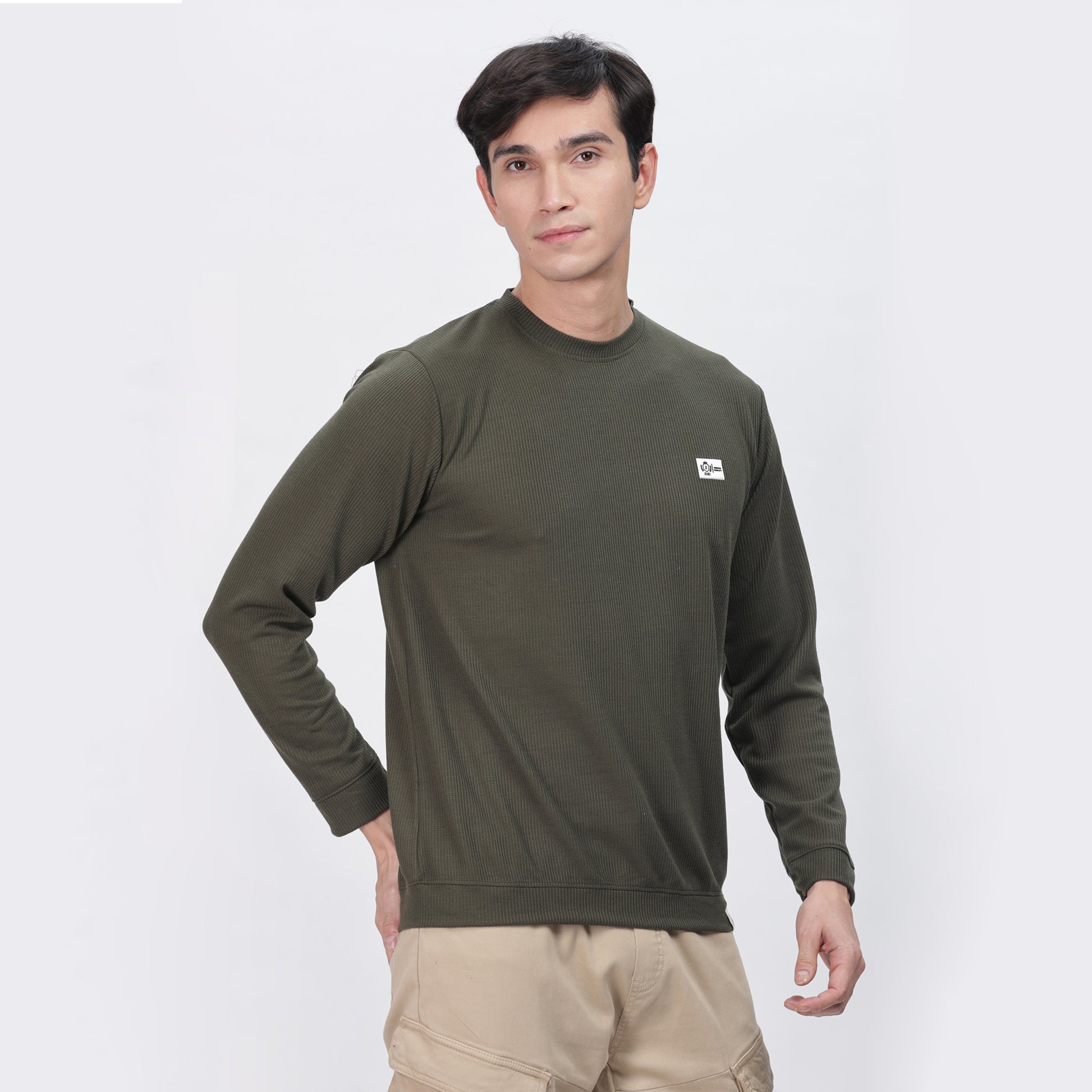Men's Full Sleeve T-Shirt With Ribbed Cuffs & Collar (Green)