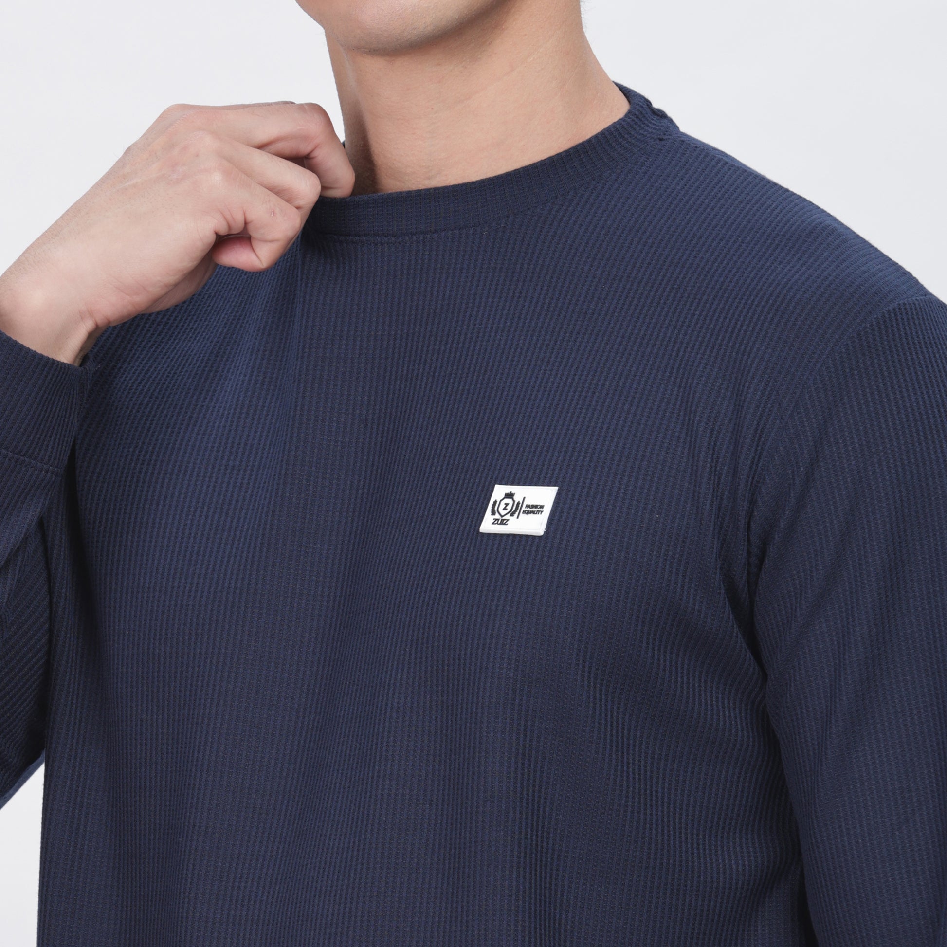 Men's Full Sleeve T-Shirt With Ribbed Cuffs & Collar (Blue)