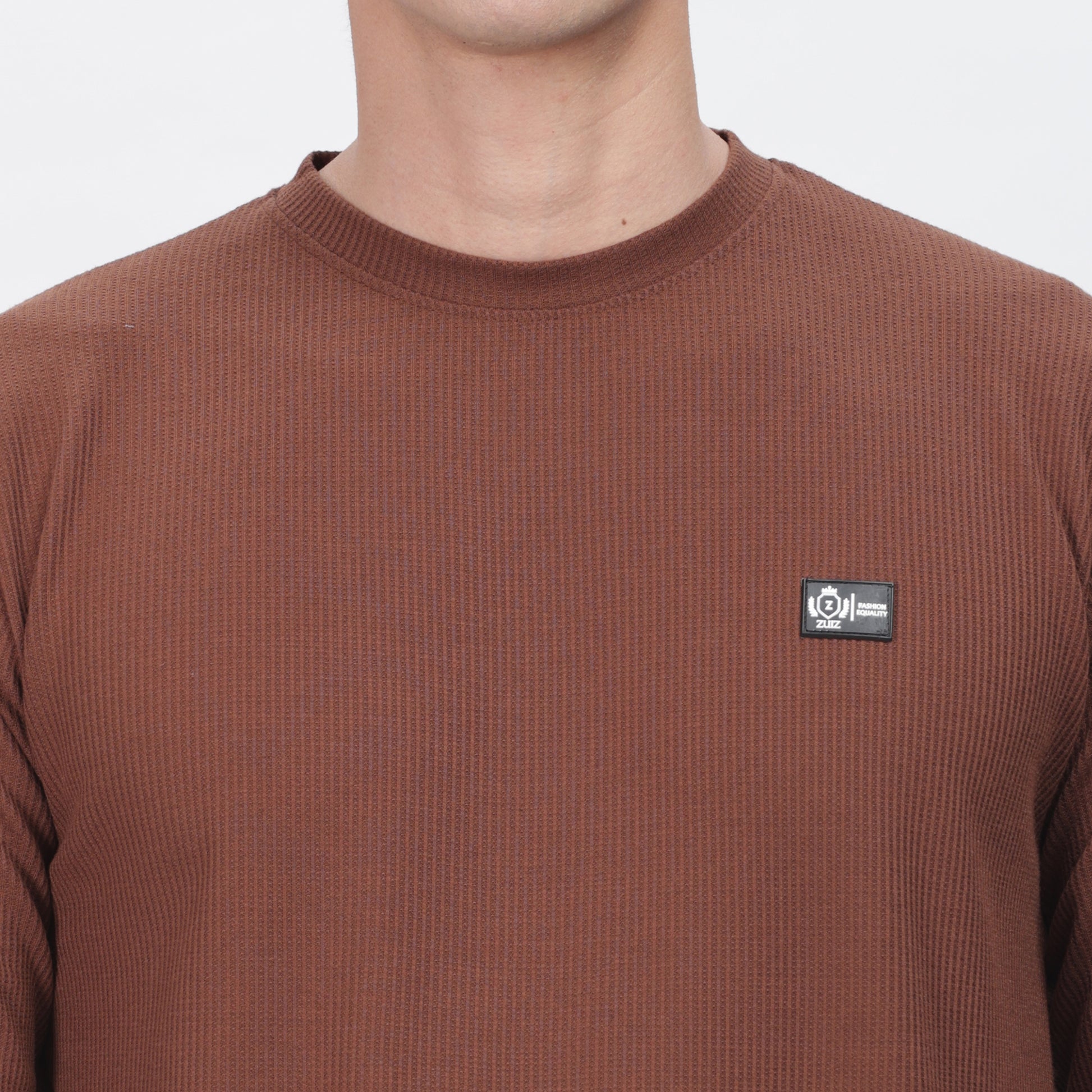 Men's Full Sleeve T-Shirt With Ribbed Cuffs & Collar (Brown)