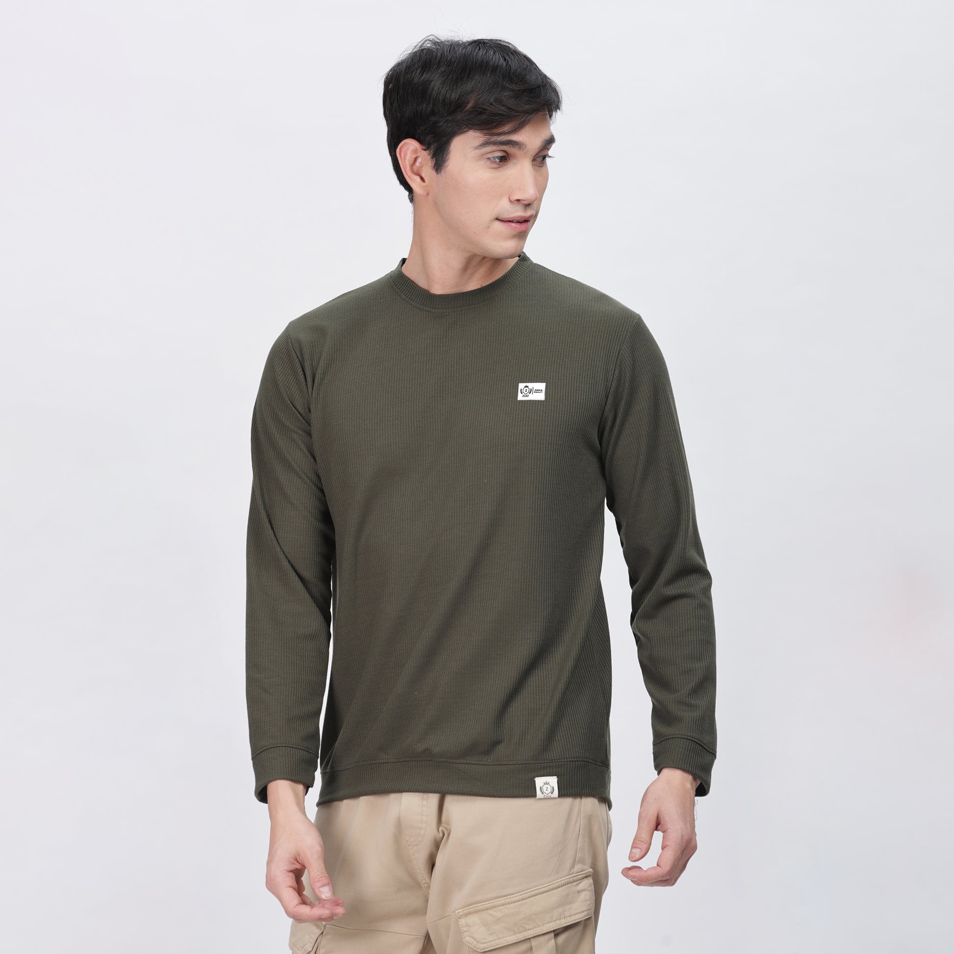 Men's Full Sleeve T-Shirt With Ribbed Cuffs & Collar (Green)
