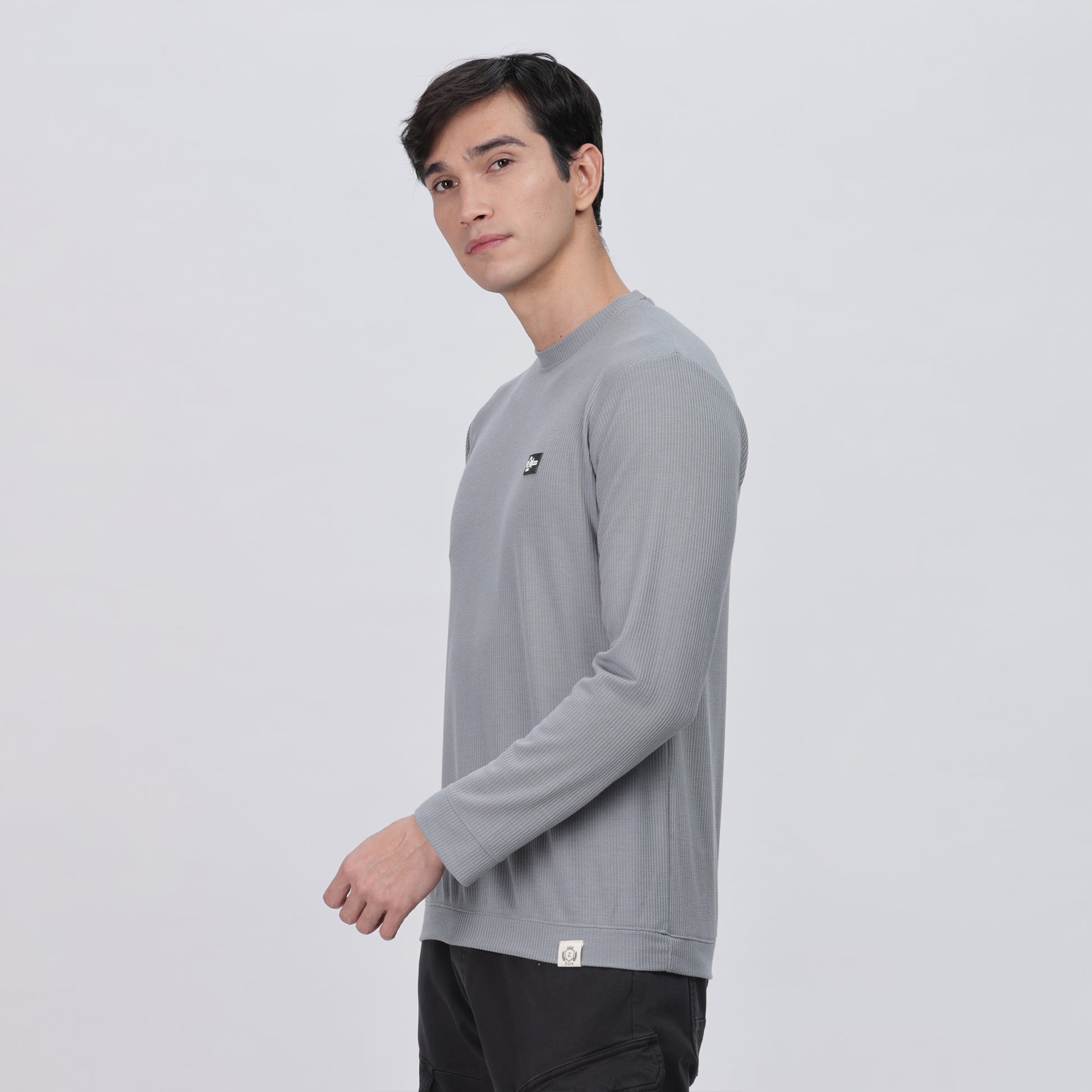 Men's Full Sleeve T-Shirt With Ribbed Cuffs & Collar (Light Grey)