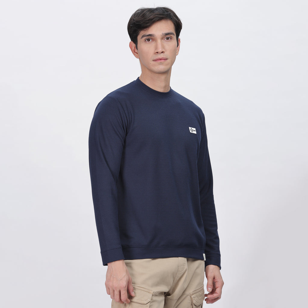 Men's Full Sleeve T-Shirt With Ribbed Cuffs & Collar (Blue)