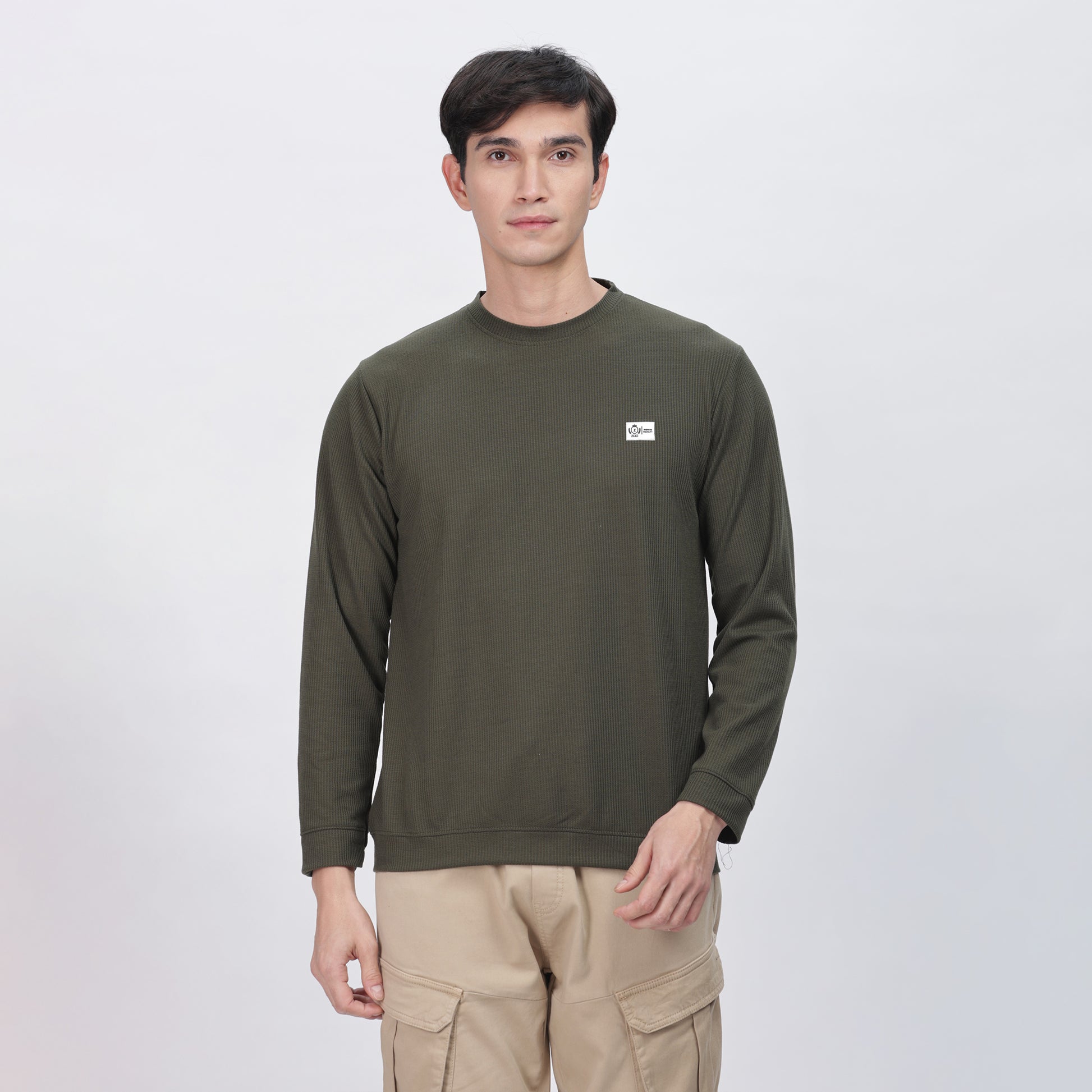 Men's Full Sleeve T-Shirt With Ribbed Cuffs & Collar (Brown)