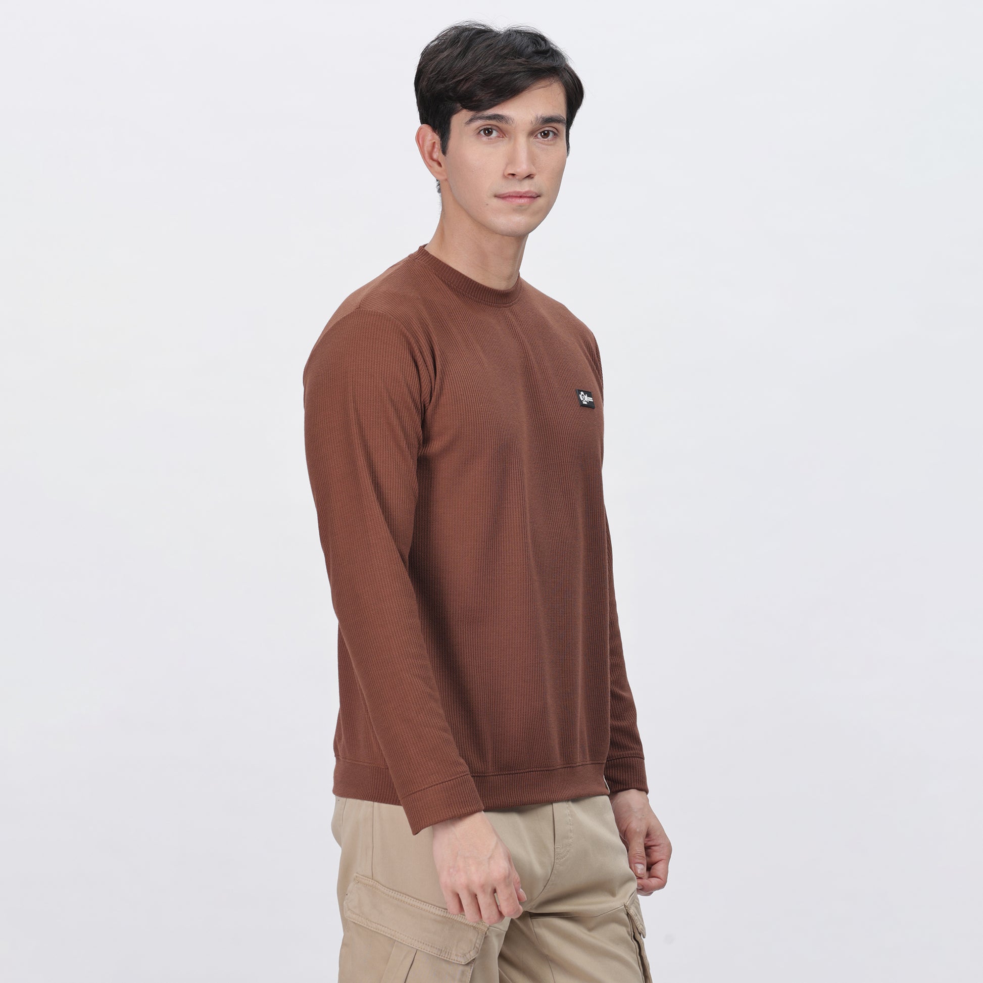 Men's Full Sleeve T-Shirt With Ribbed Cuffs & Collar (Brown)