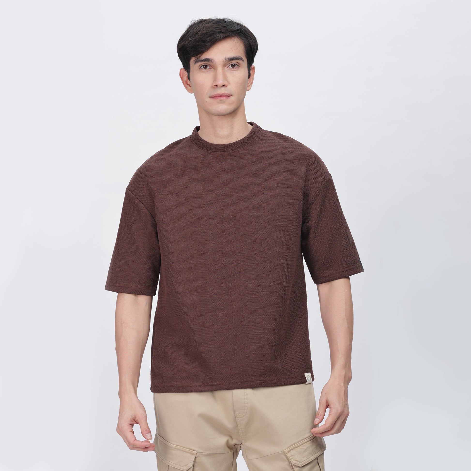 Men's Full Sleeve T-Shirt With Ribbed Cuffs & Collar (Brown)
