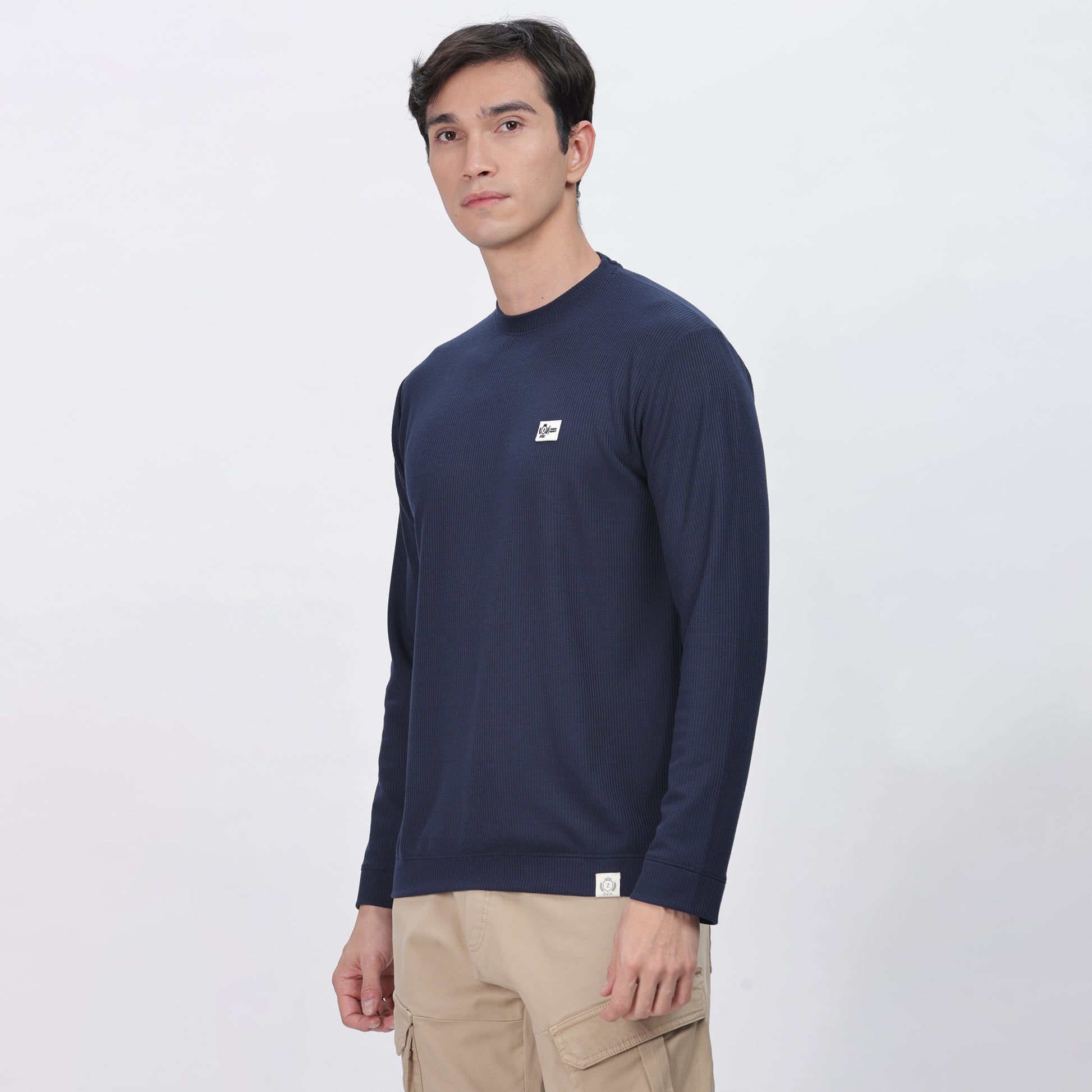 Men's Full Sleeve T-Shirt With Ribbed Cuffs & Collar (Blue)