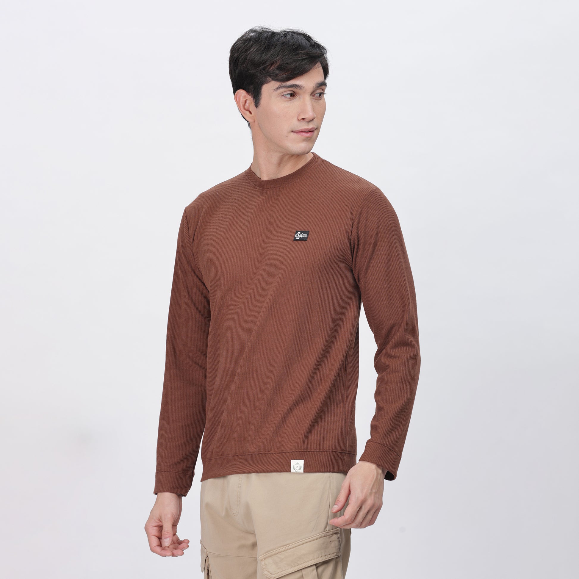Men's Full Sleeve T-Shirt With Ribbed Cuffs & Collar (Brown)