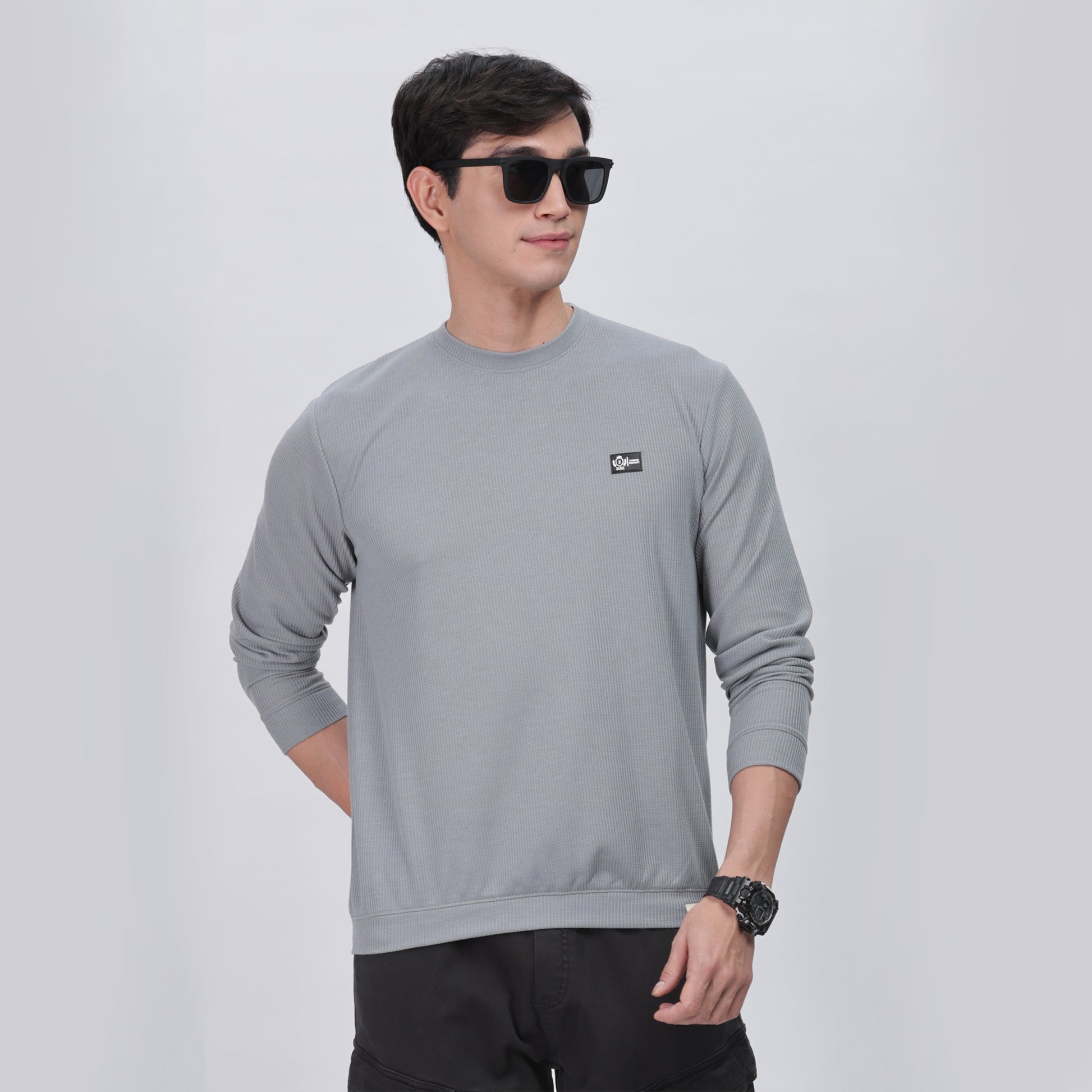 Men's Full Sleeve T-Shirt With Ribbed Cuffs & Collar (Light Grey)