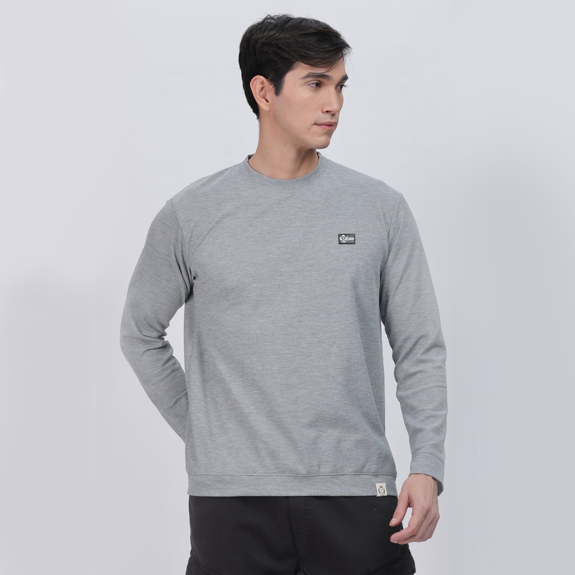 Men's Full Sleeve T-Shirt With Ribbed Cuffs & Collar (Light Grey)