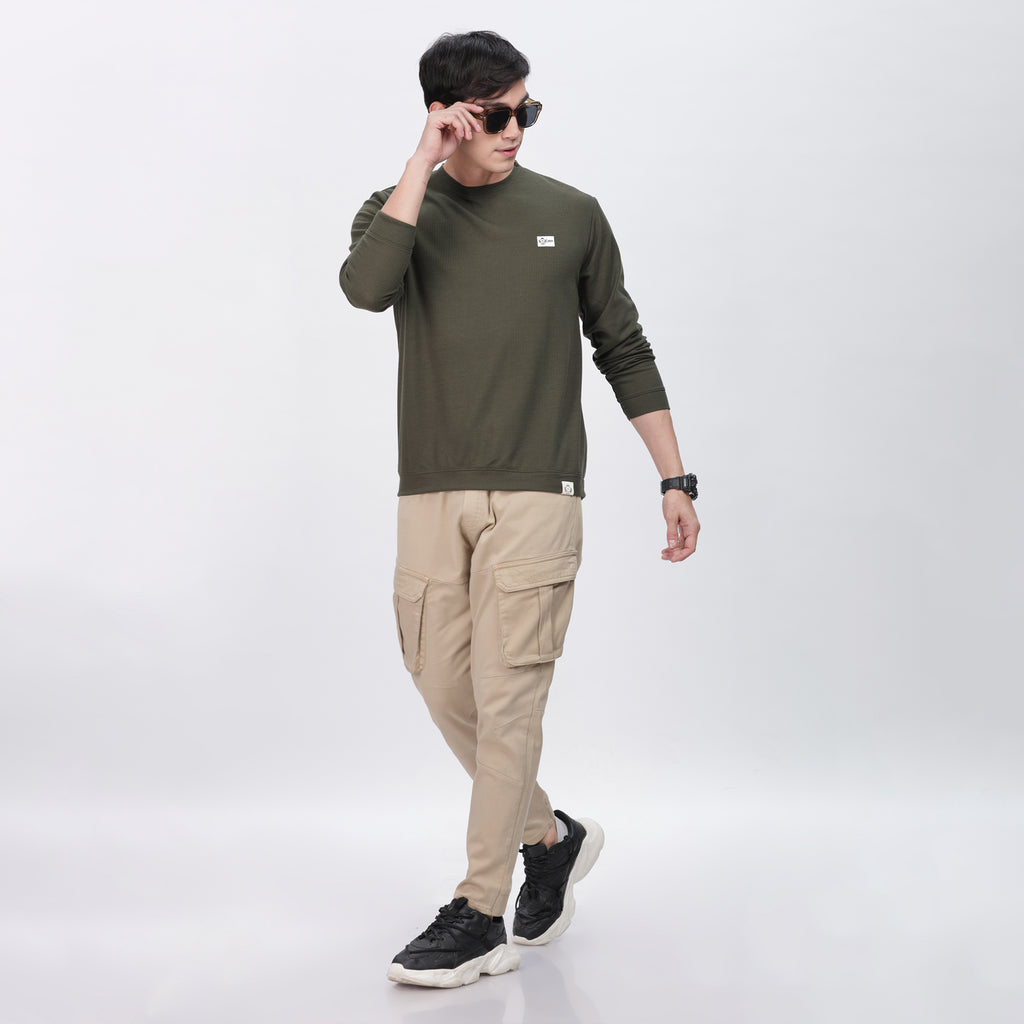 Men's Full Sleeve T-Shirt With Ribbed Cuffs & Collar (Green)