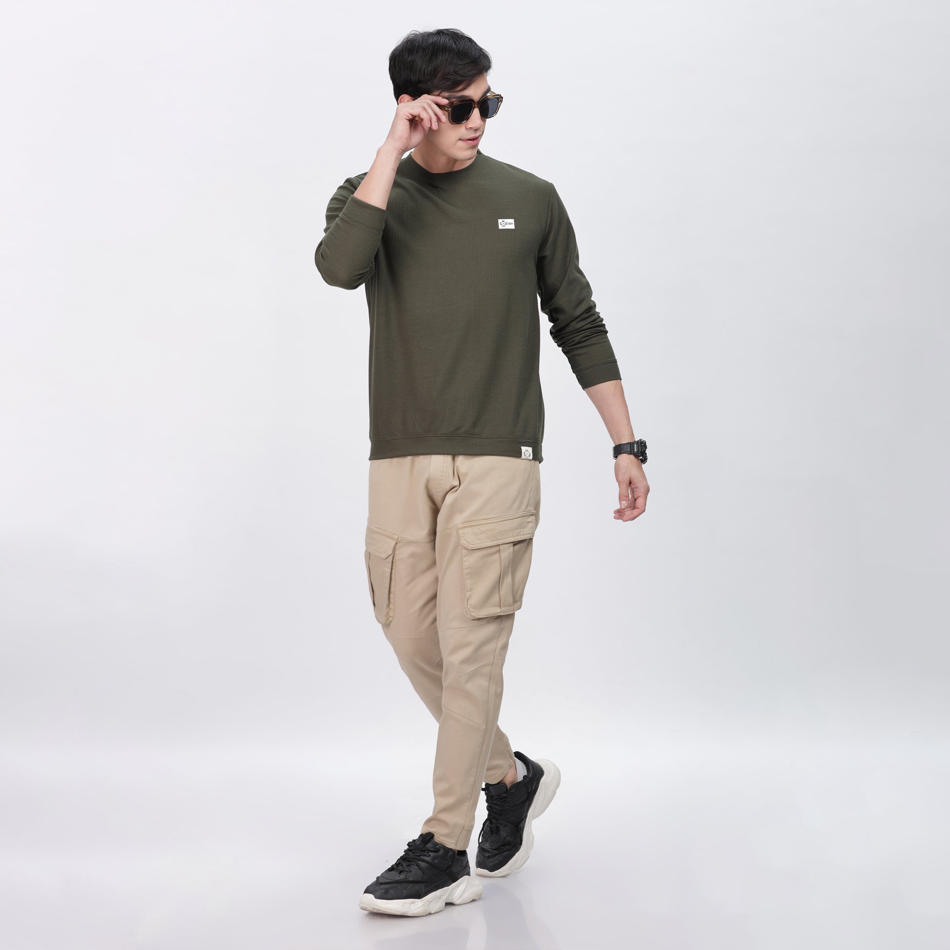 Men's Full Sleeve T-Shirt With Ribbed Cuffs & Collar (Green)