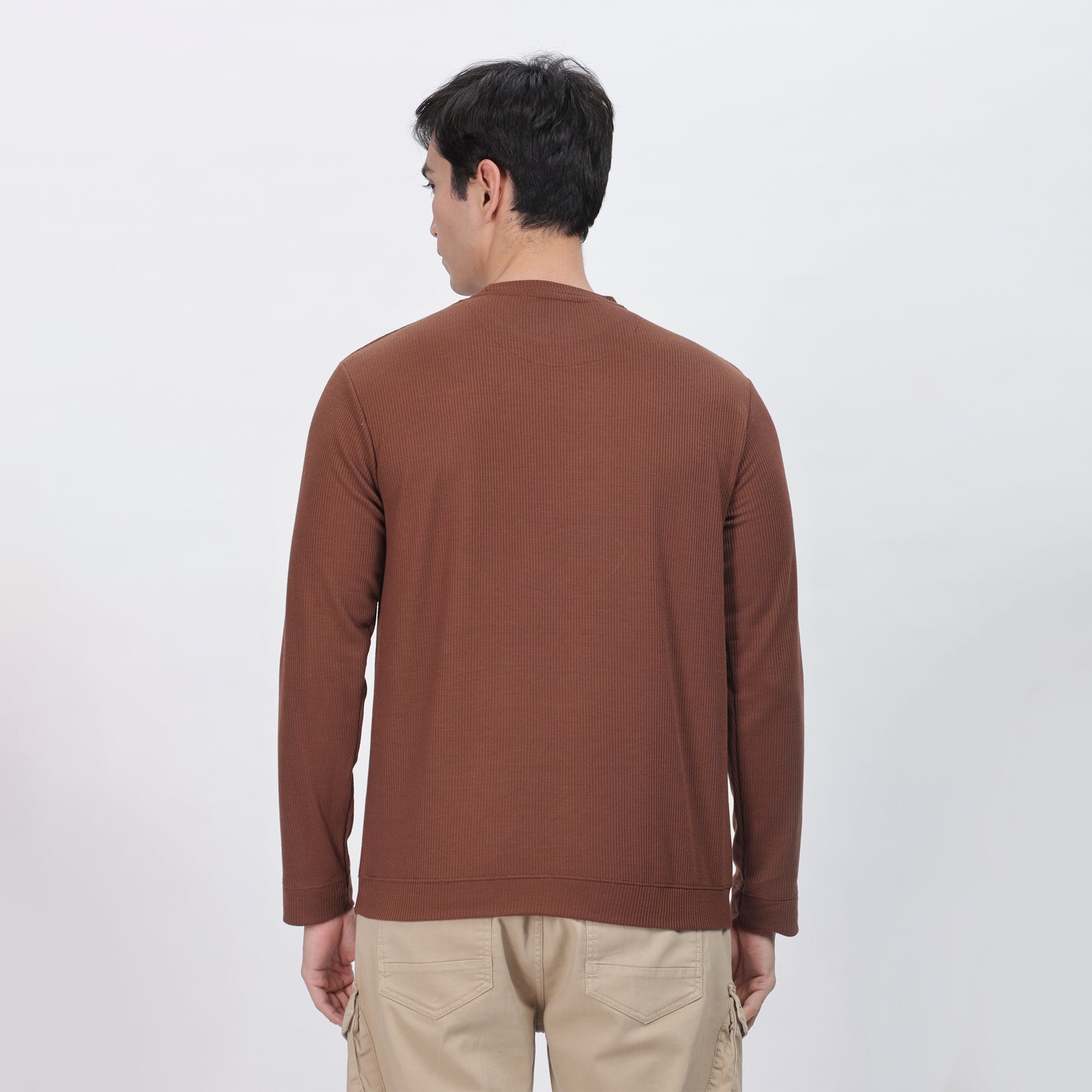 Men's Full Sleeve T-Shirt With Ribbed Cuffs & Collar (Brown)