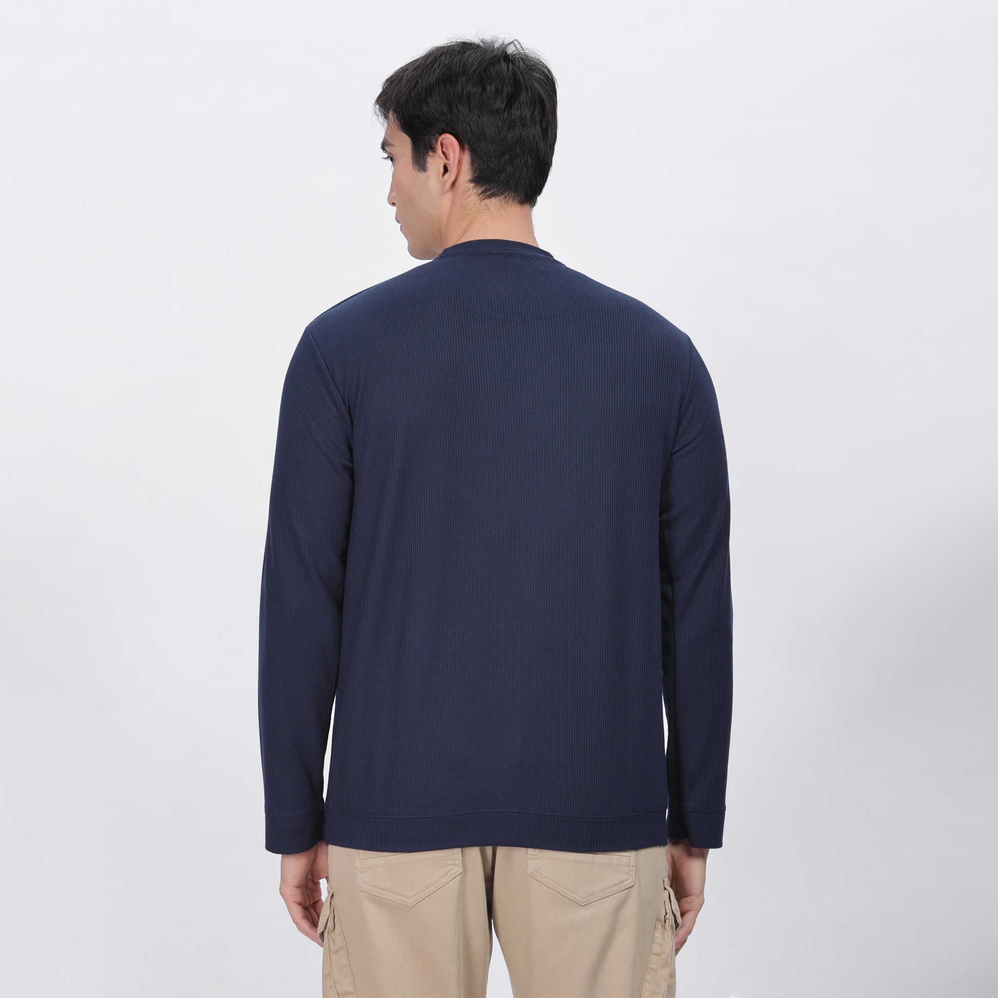 Men's Full Sleeve T-Shirt With Ribbed Cuffs & Collar (Blue)