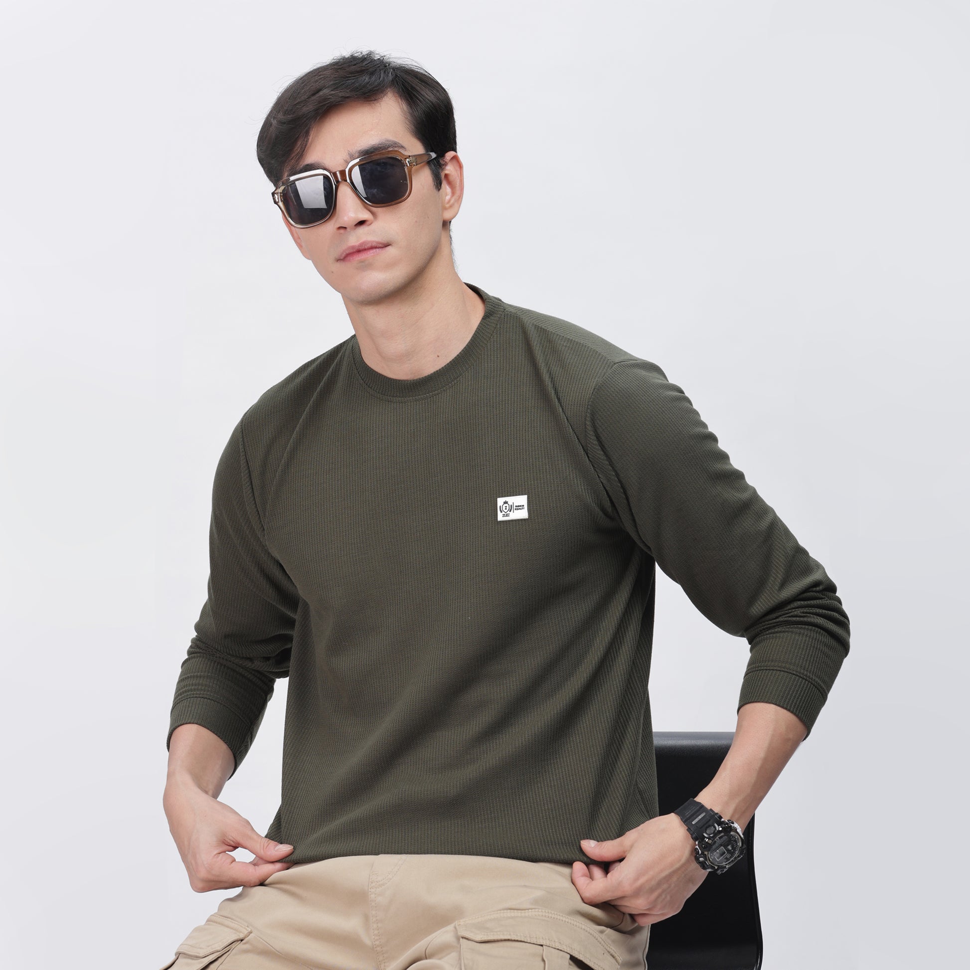 Men's Full Sleeve T-Shirt With Ribbed Cuffs & Collar (Green)