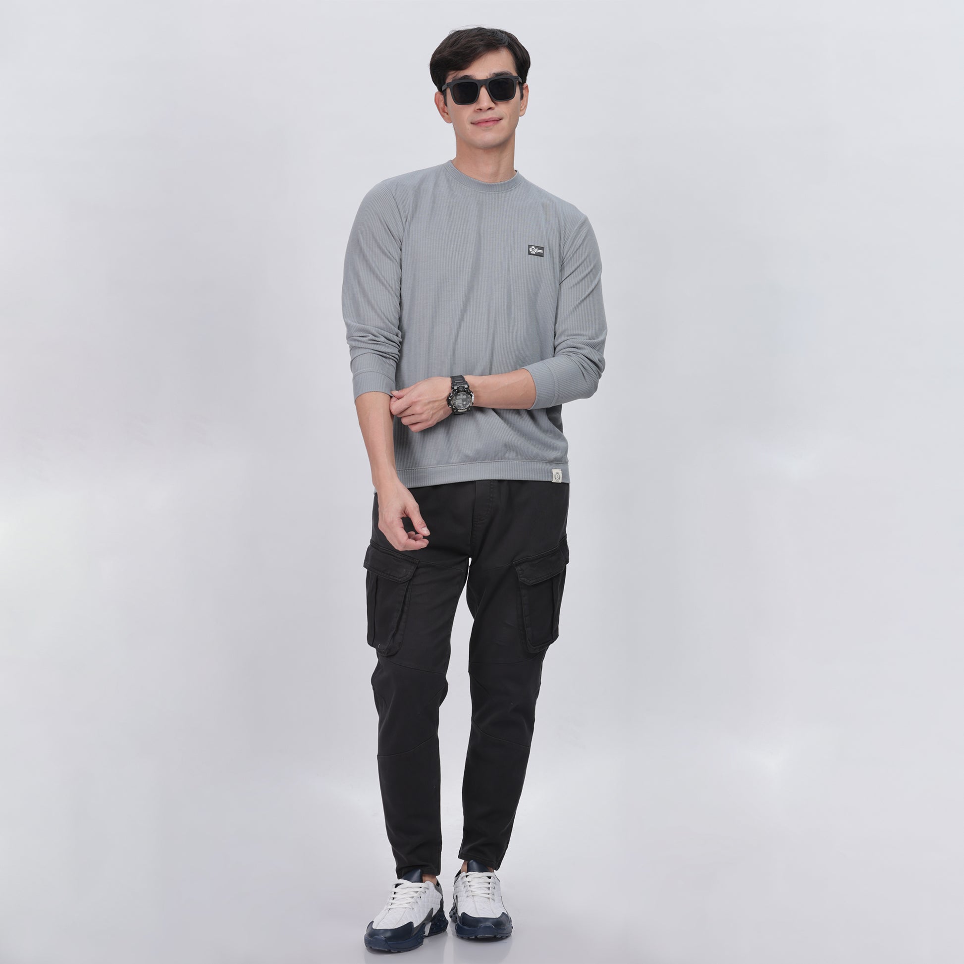 Men's Full Sleeve T-Shirt With Ribbed Cuffs & Collar (Light Grey)