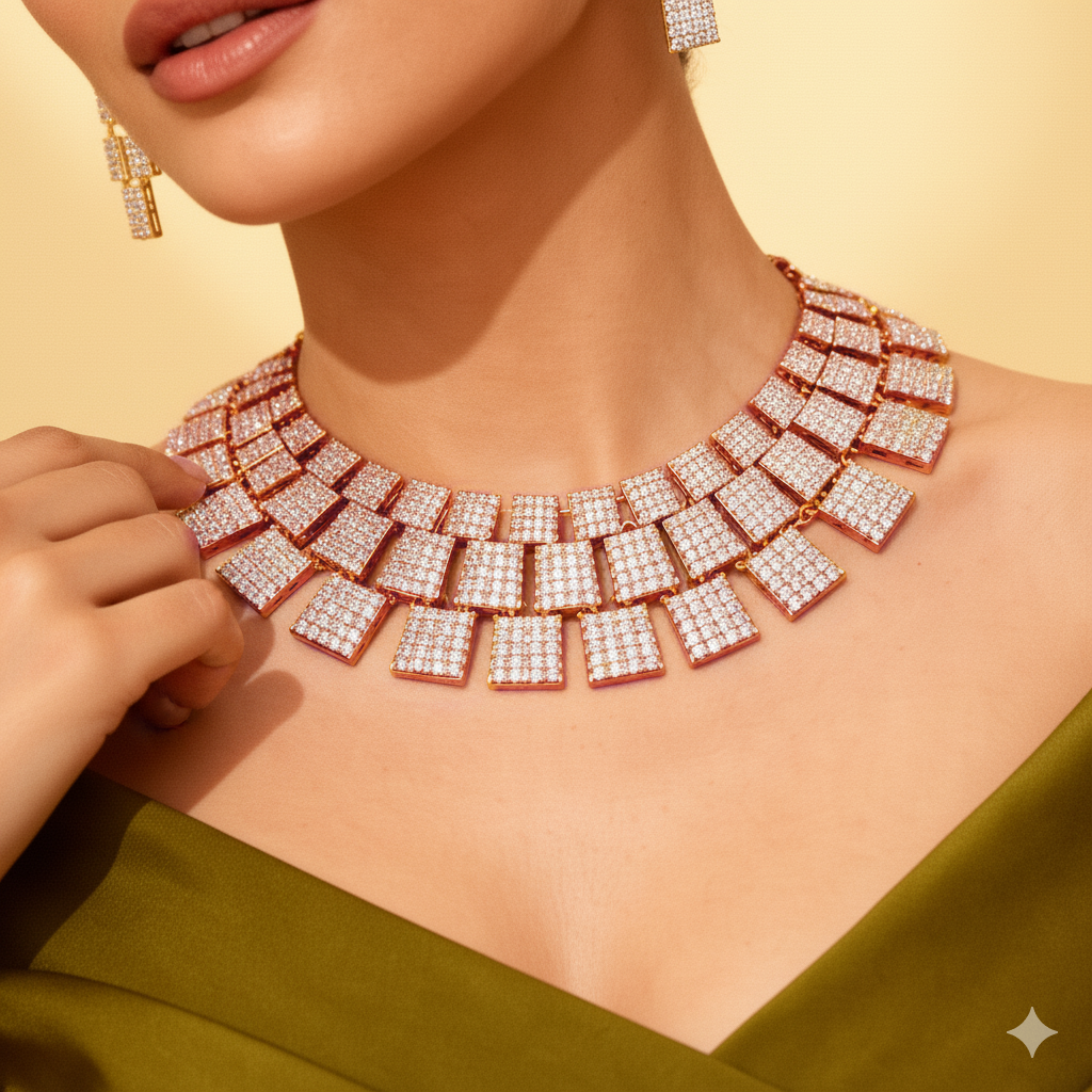 Luxury Rose Gold Geometric Necklace Set with Earrings | Statement Diamond Look Jewelry for Women