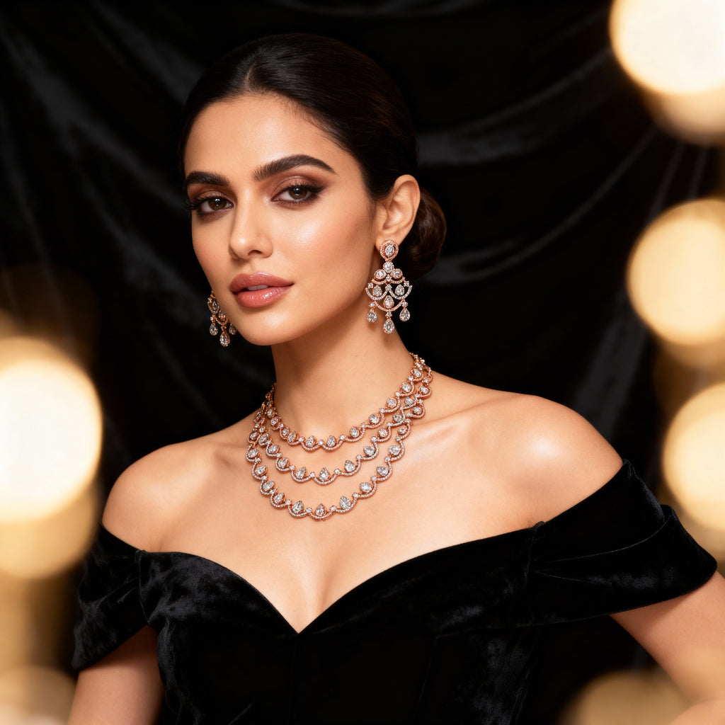 Luxury Rose Gold Layered Necklace Set with Chandelier Earrings | Diamond Look Bridal Jewelry