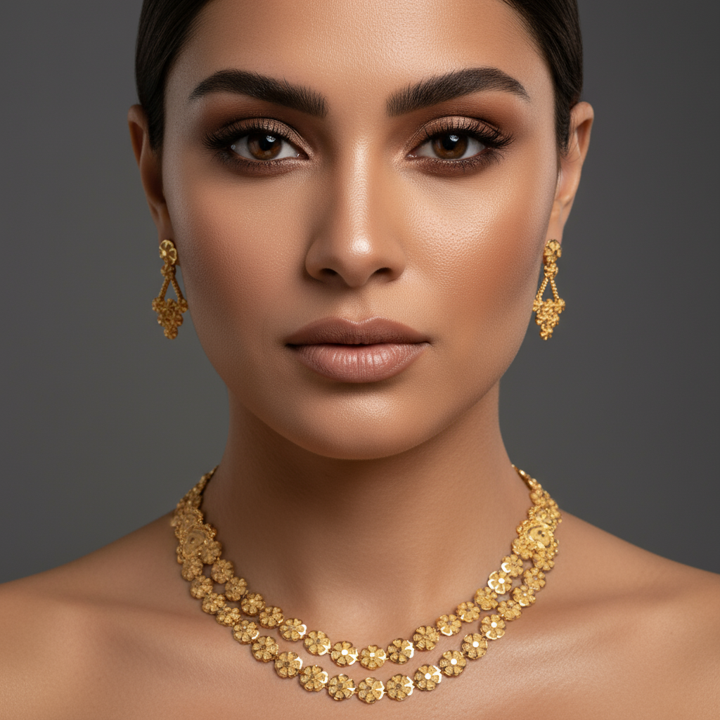 Classic Double-Layer Imitation Gold Necklace Set – Ethnic Wedding Jewelry for Women
