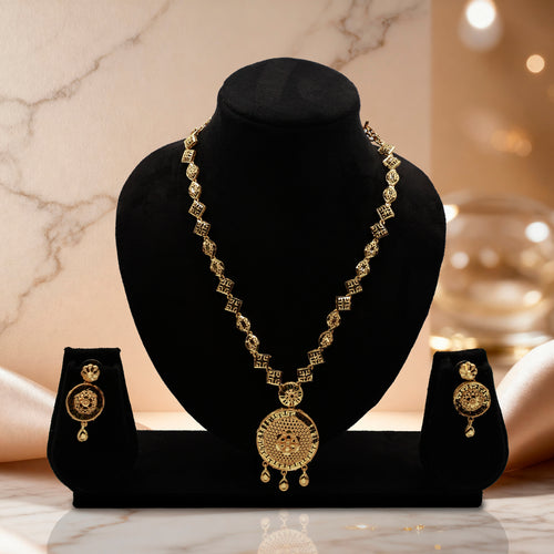 Antique Gold Round Pendant Necklace Set with Earrings | Traditional Filigree Design Jewelry for Women