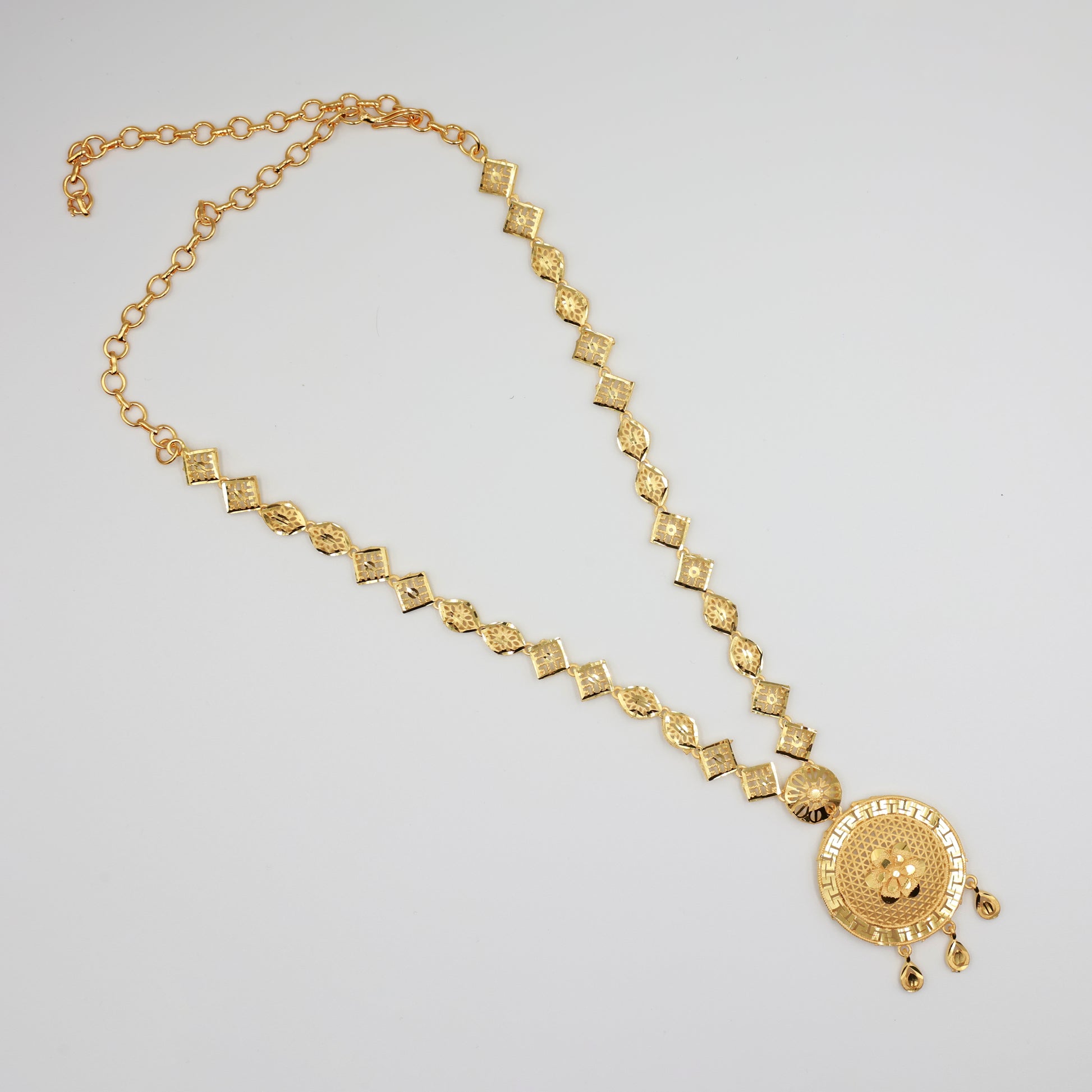 Antique Gold Round Pendant Necklace Set with Earrings | Traditional Filigree Design Jewelry for Women