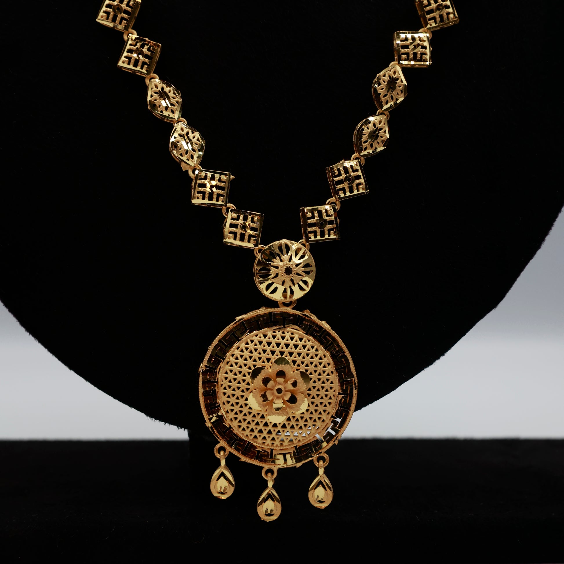 Antique Gold Round Pendant Necklace Set with Earrings | Traditional Filigree Design Jewelry for Women