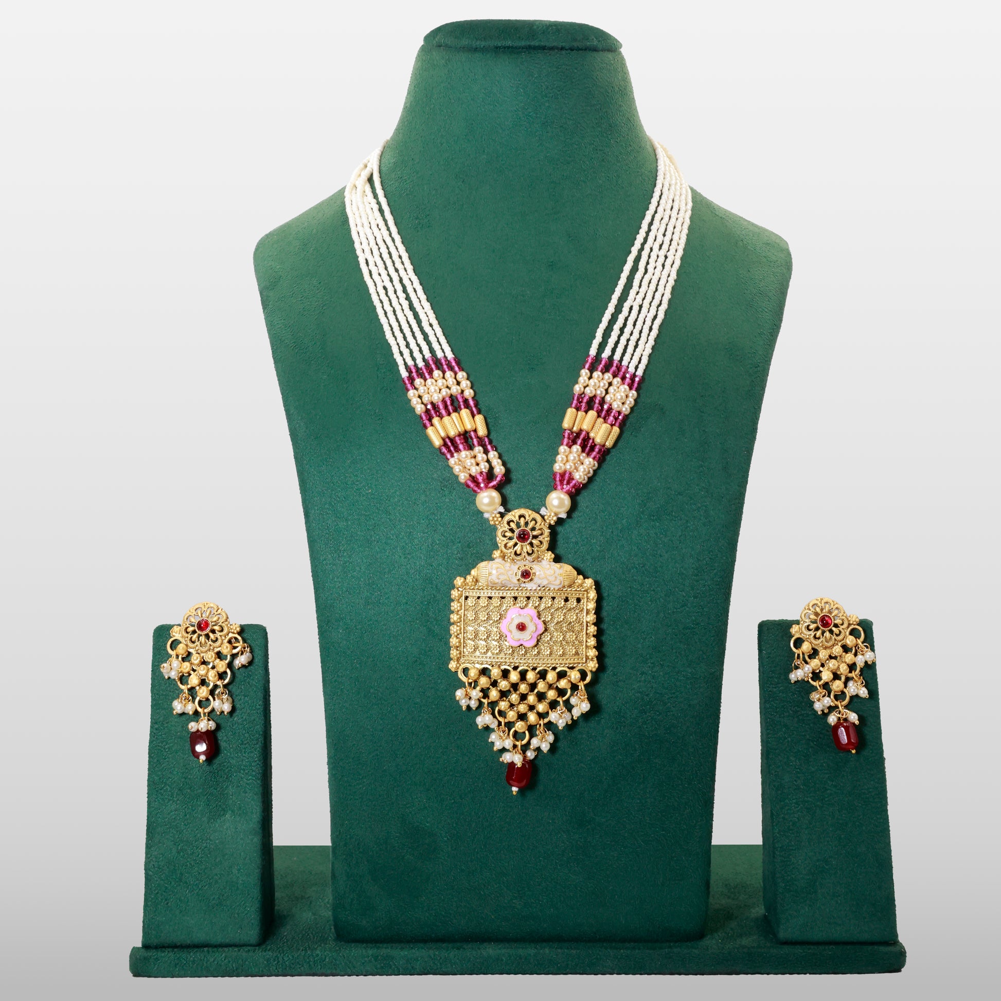 Ethnic Gold Necklace Set with Pearl Strings & Floral Pendant