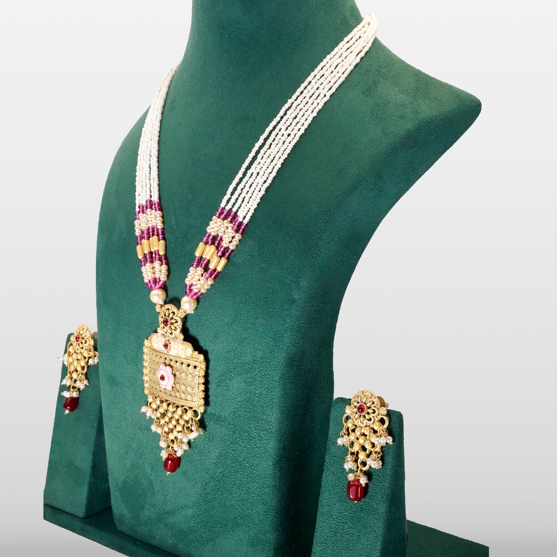 Ethnic Gold Necklace Set with Pearl Strings & Floral Pendant