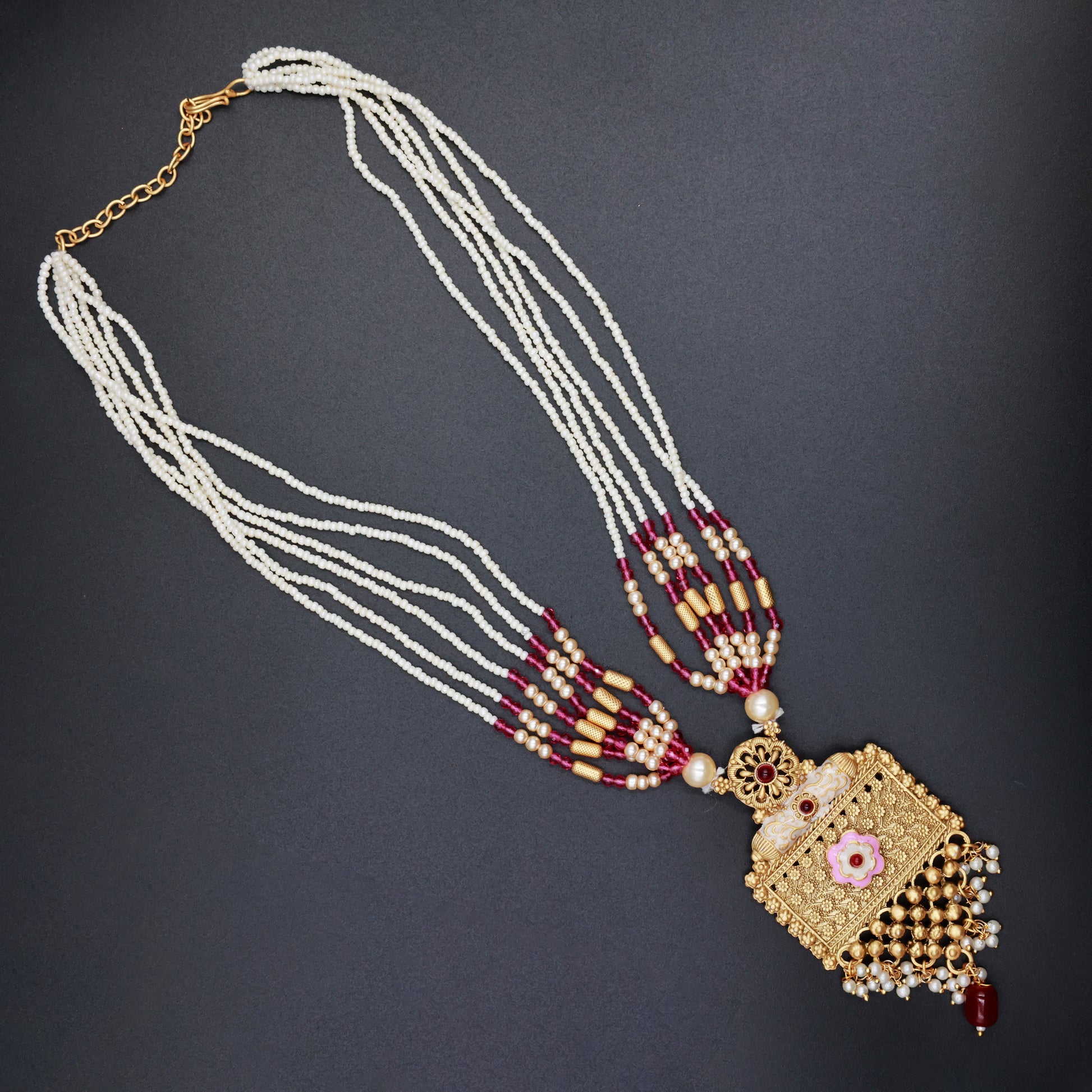 Ethnic Gold Necklace Set with Pearl Strings & Floral Pendant