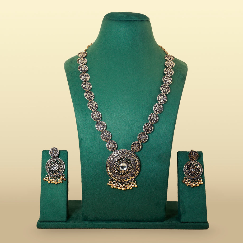 Antique Gold Long Necklace Set with Earrings | Oxidized Floral Design Traditional Jewelry for Women