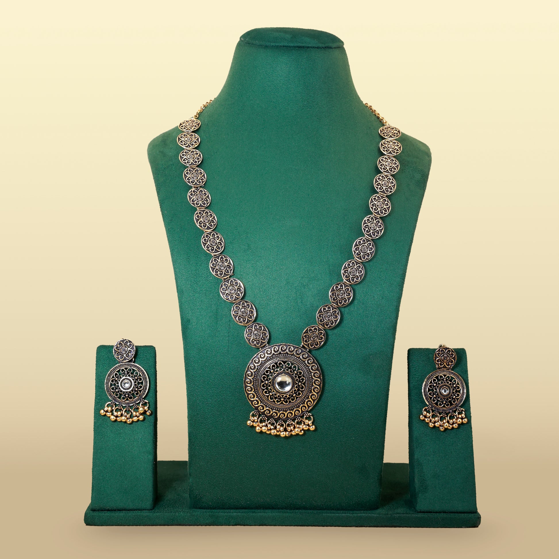 Antique Gold Long Necklace Set with Earrings | Oxidized Floral Design Traditional Jewelry for Women