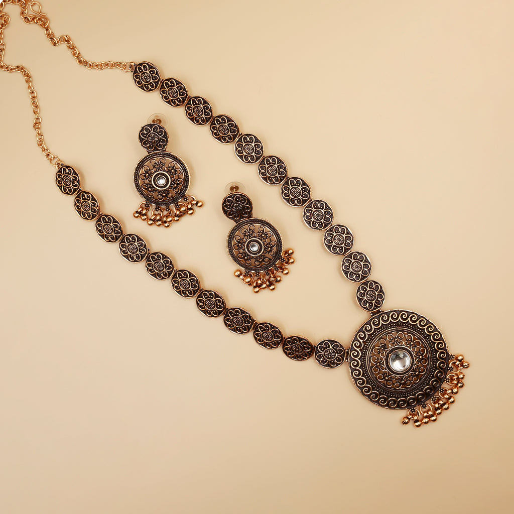 Antique Gold Long Necklace Set with Earrings | Oxidized Floral Design Traditional Jewelry for Women