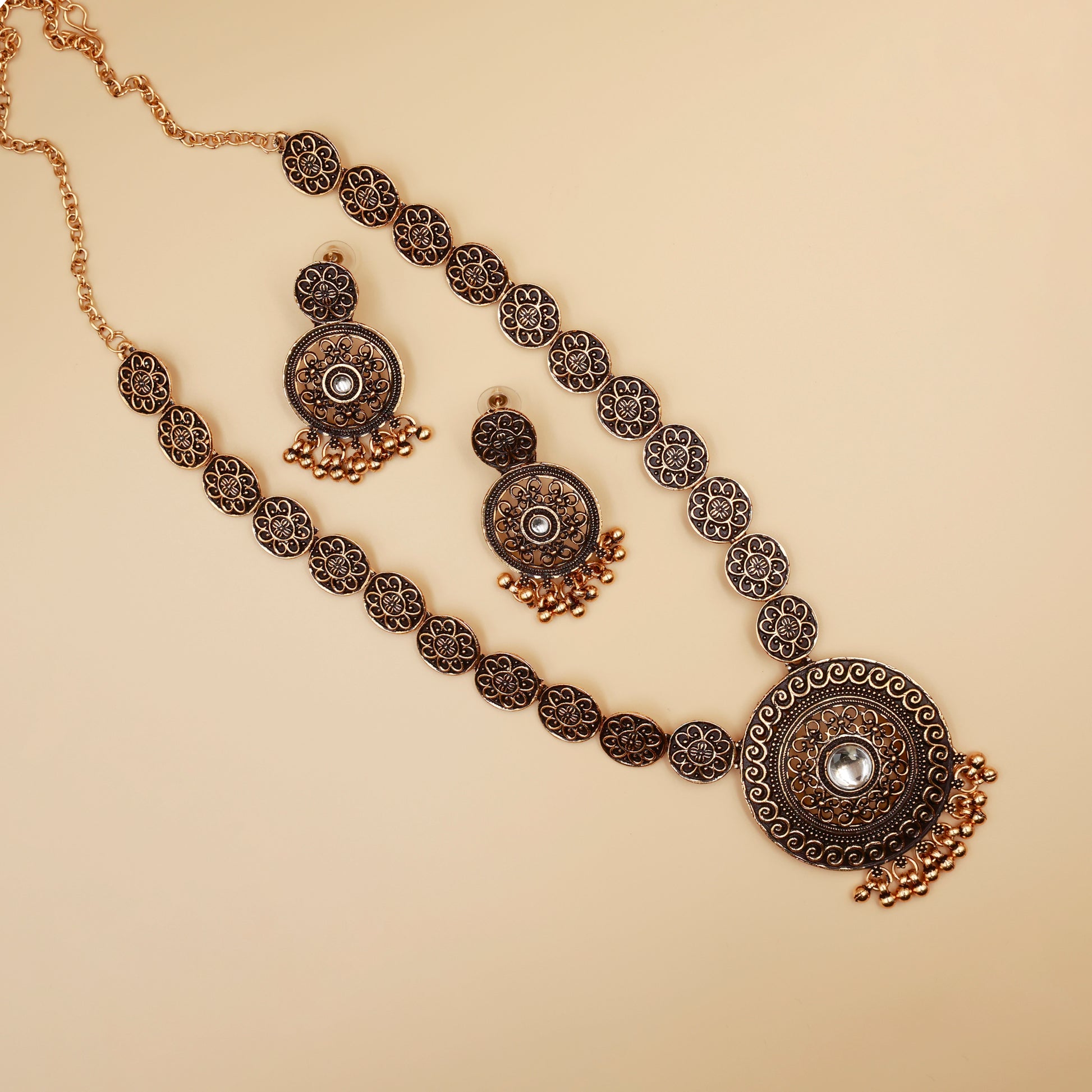 Antique Gold Long Necklace Set with Earrings | Oxidized Floral Design Traditional Jewelry for Women