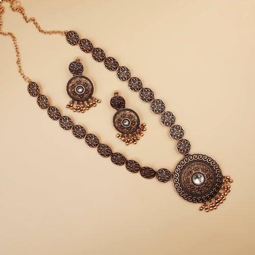 Antique Gold Long Necklace Set with Earrings | Oxidized Floral Design Traditional Jewelry for Women
