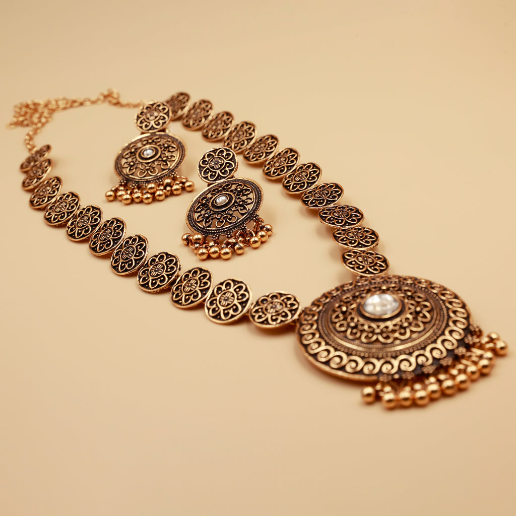 Antique Gold Long Necklace Set with Earrings | Oxidized Floral Design Traditional Jewelry for Women
