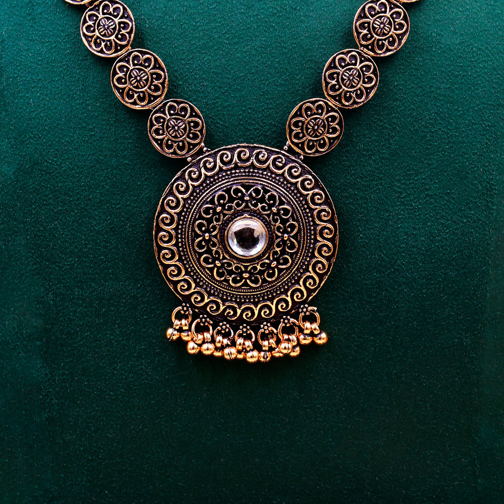 Antique Gold Long Necklace Set with Earrings | Oxidized Floral Design Traditional Jewelry for Women
