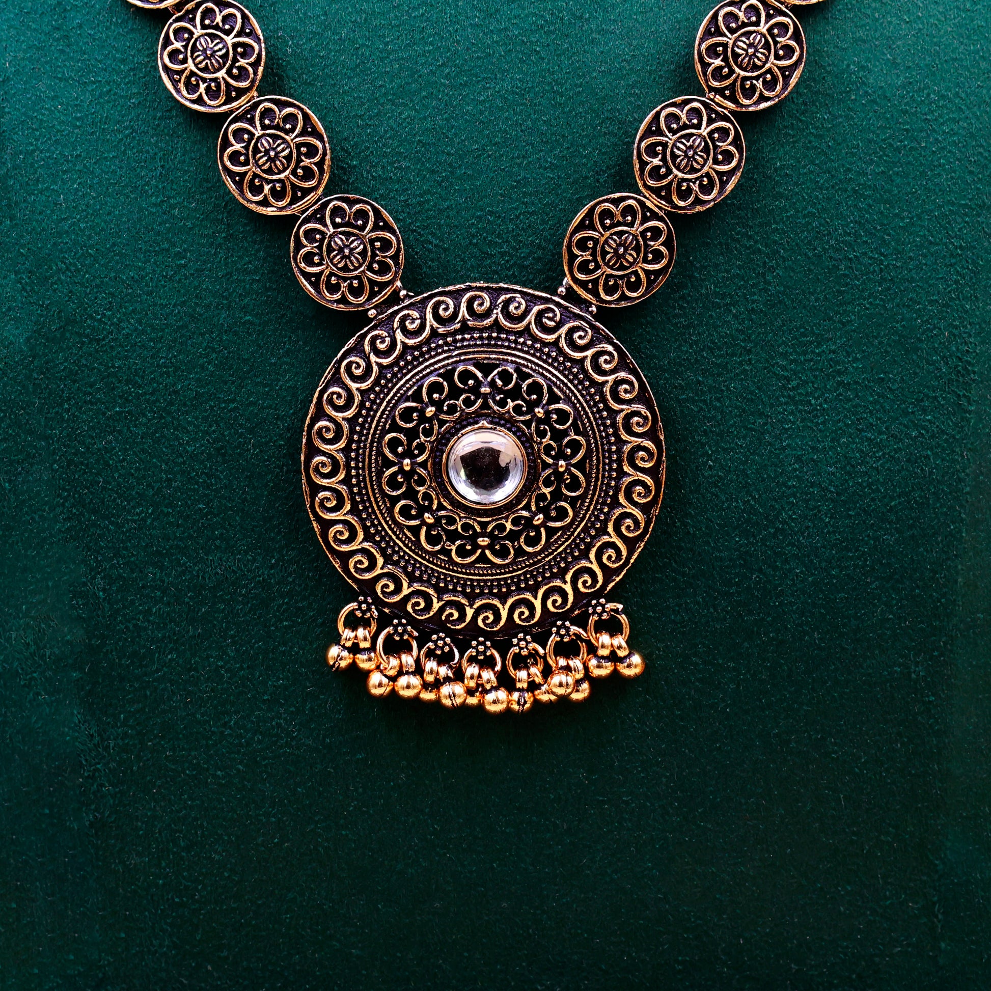 Antique Gold Long Necklace Set with Earrings | Oxidized Floral Design Traditional Jewelry for Women