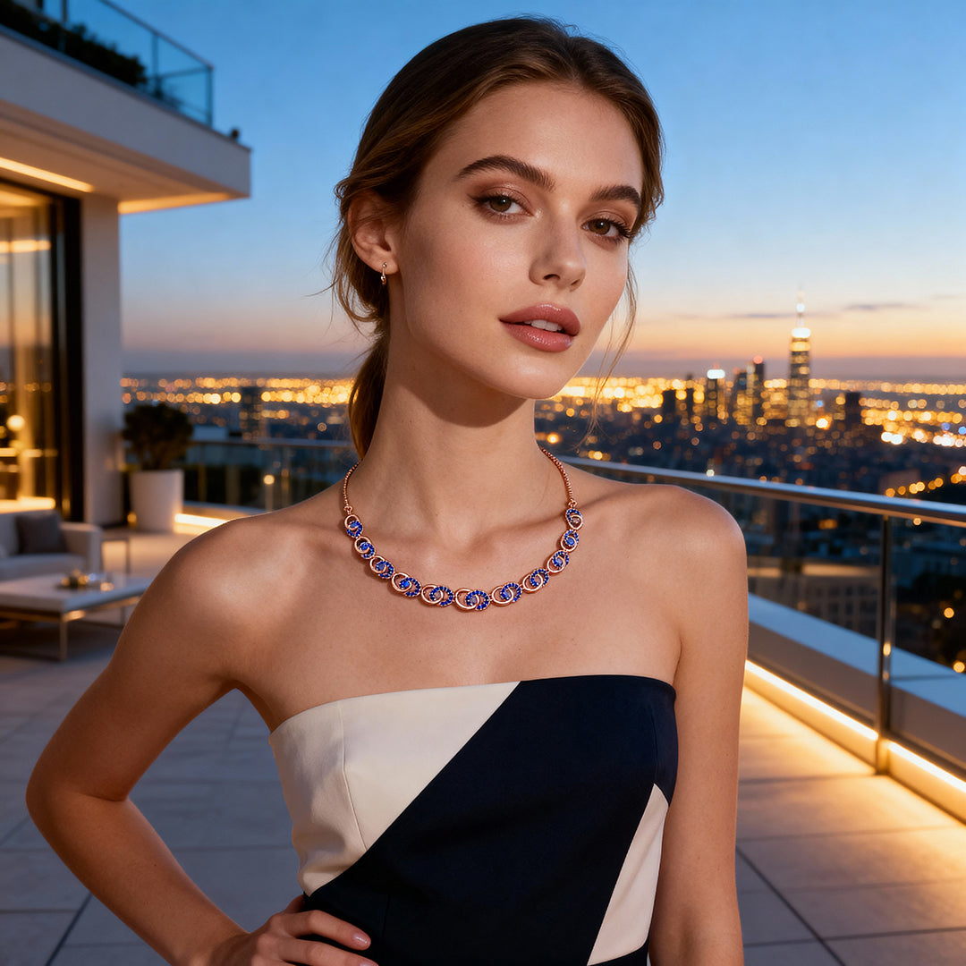 Modern Rose Gold Necklace with Blue Stones – Elegant Imitation Jewelry for Women