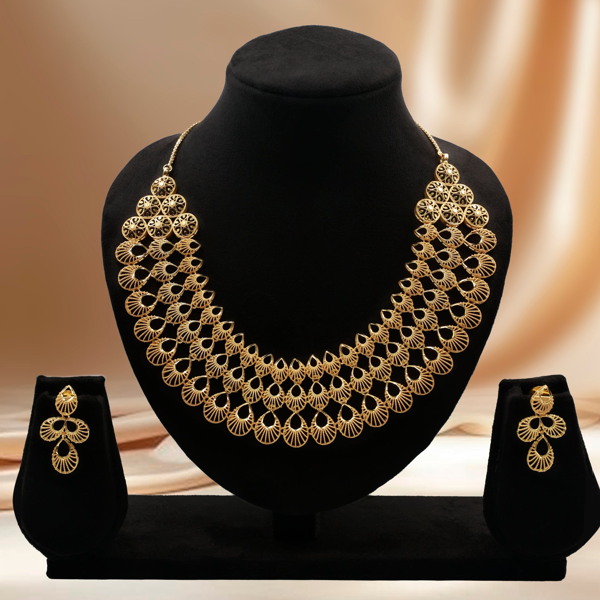 Premium Gold Finish Filigree Necklace with Earrings – Special Occasion Jewelry