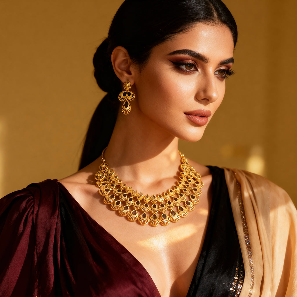 Premium Gold Finish Filigree Necklace with Earrings – Special Occasion Jewelry