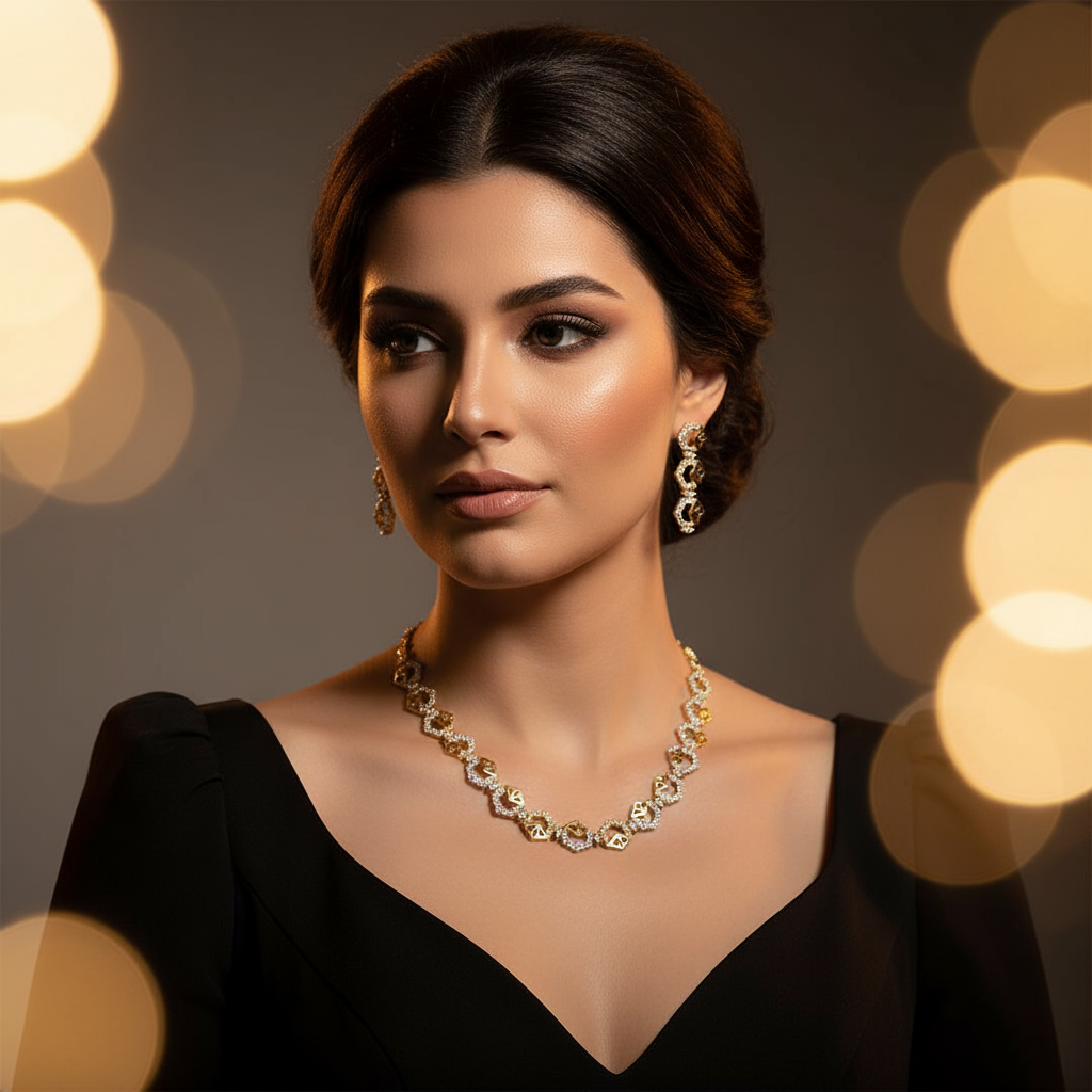 Modern CZ Diamond Look Necklace & Earrings Set – Imitation Gold Finish