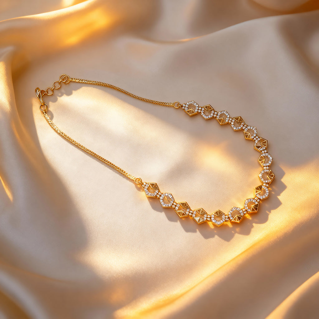 Modern CZ Diamond Look Necklace & Earrings Set – Imitation Gold Finish