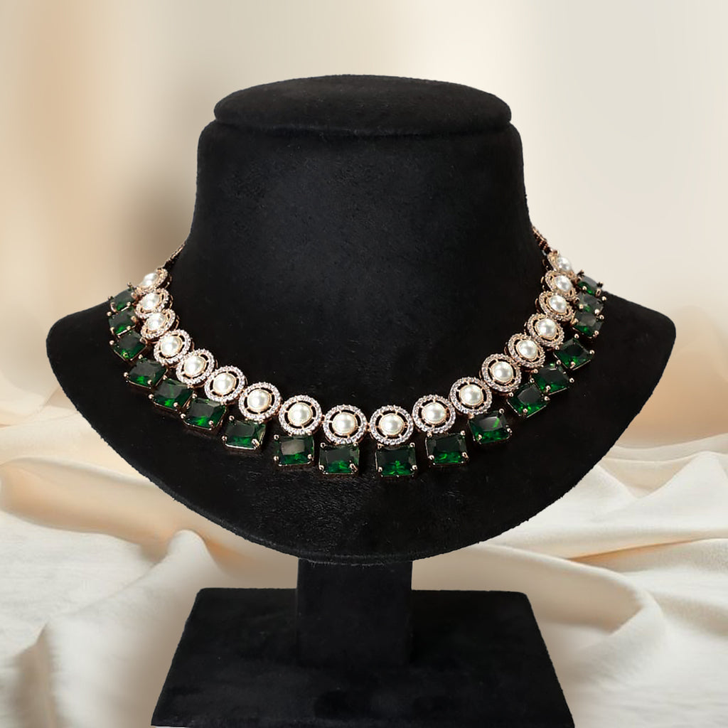 Rose Gold Pearl & Green Stone Party Necklace